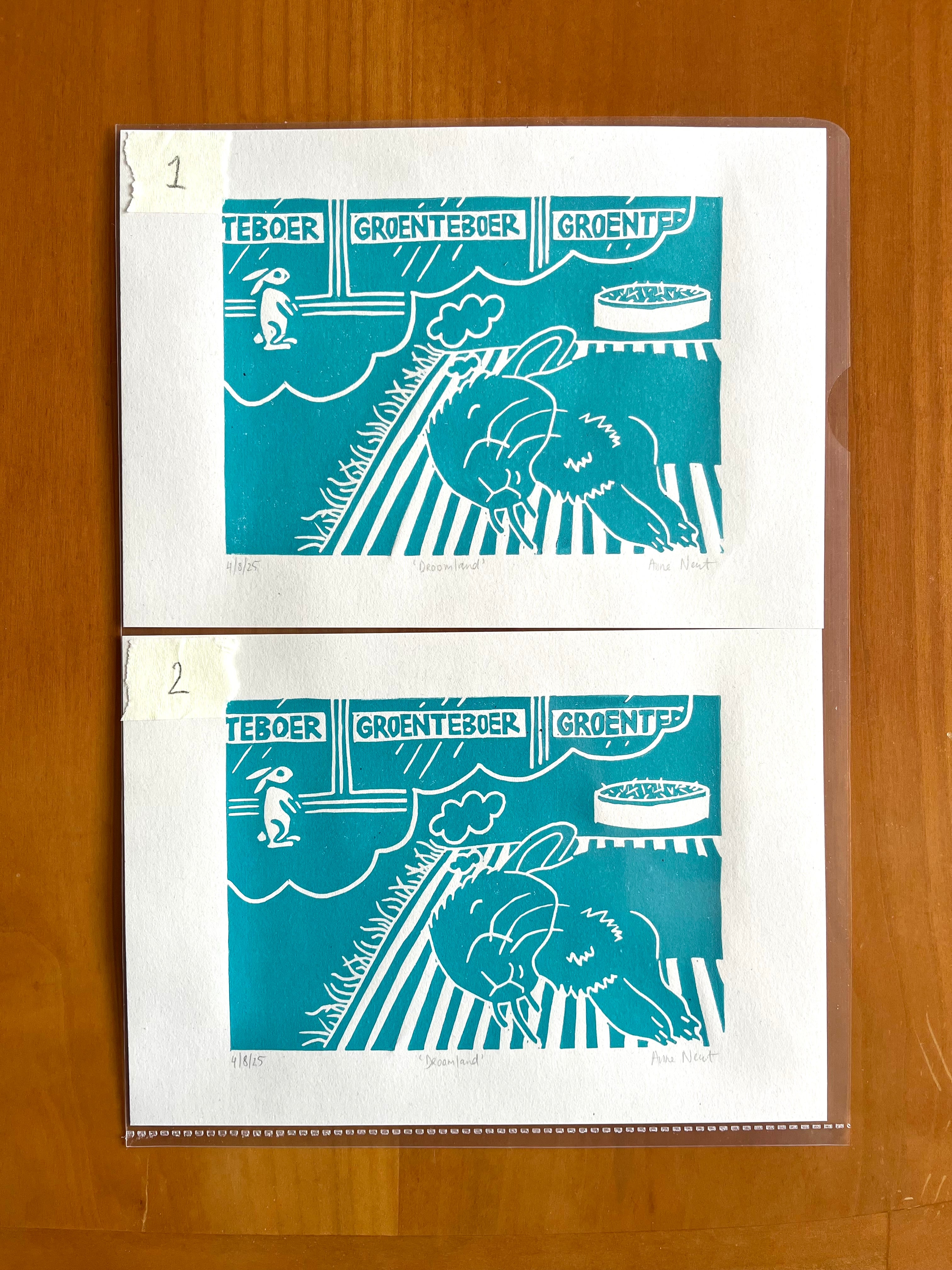 Lino print van tekening van dromend konijn door Anne Neuteboom cabaretier Anne Neut Boetiek