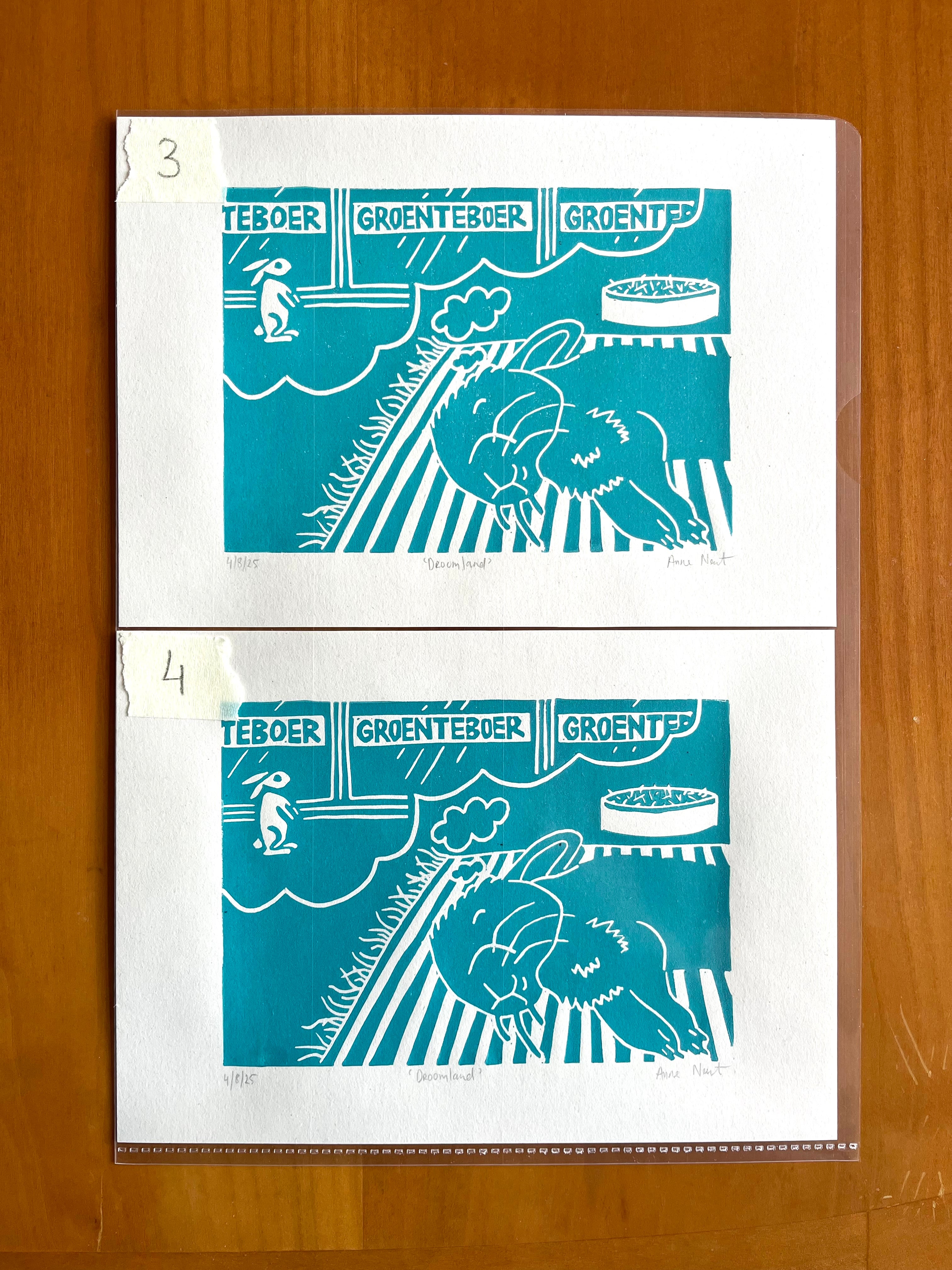 Lino print van tekening van dromend konijn door Anne Neuteboom cabaretier Anne Neut Boetiek