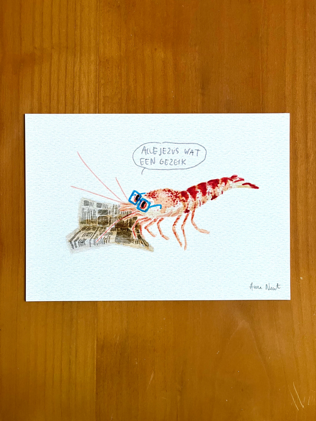 Digitale aquarel tekening van een garnaal die de krant leest door Anne Neuteboom cabaretier Anne Neut Boetiek