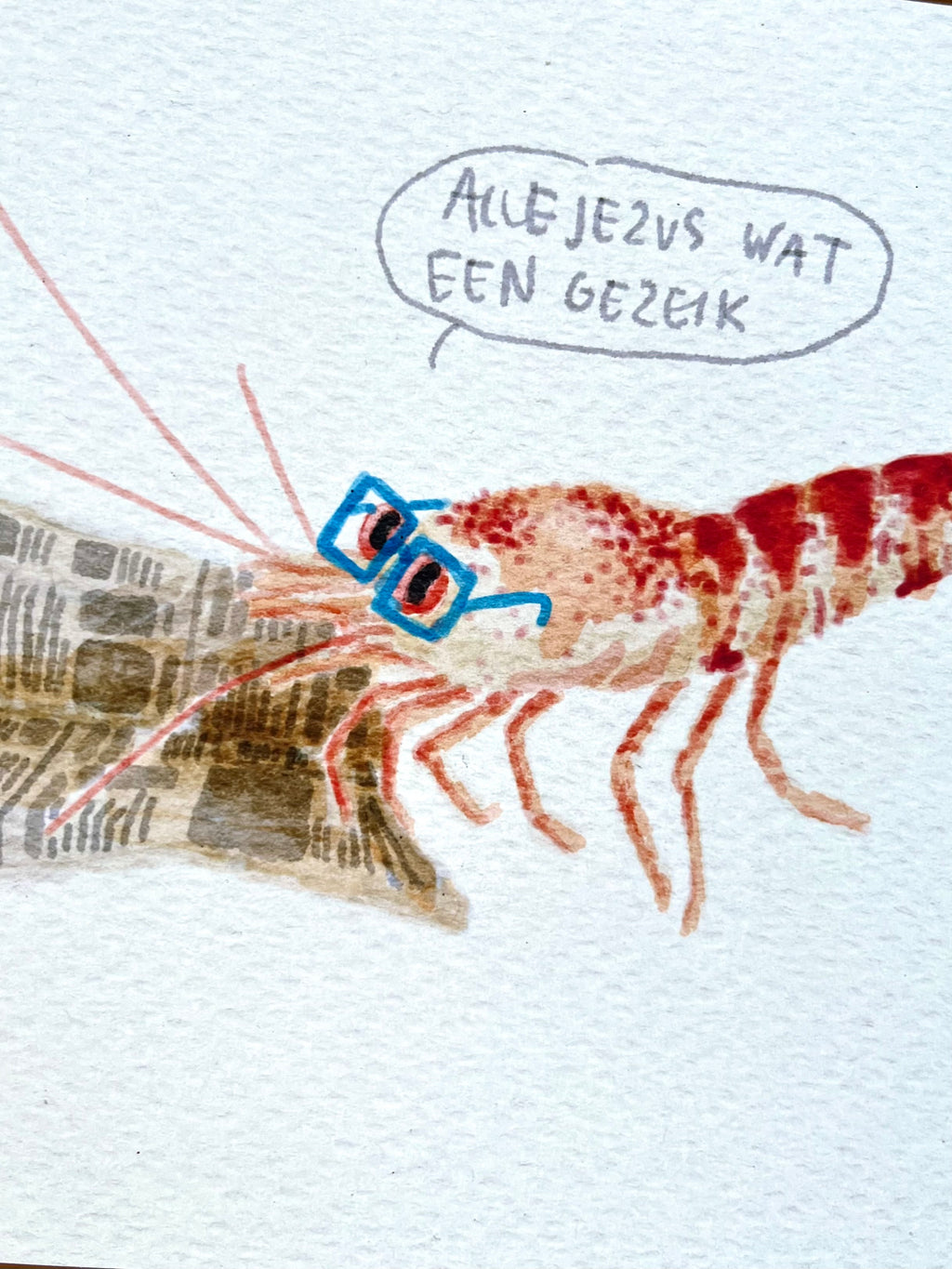 Digitale aquarel tekening van een garnaal die de krant leest door Anne Neuteboom cabaretier Anne Neut Boetiek