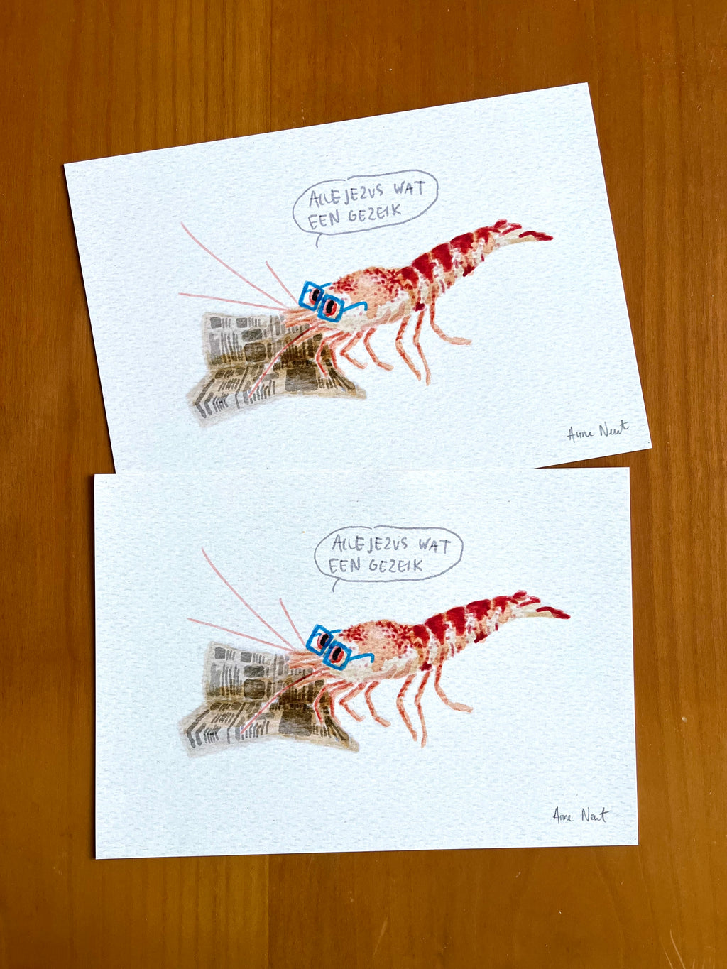 Digitale aquarel tekening van een garnaal die de krant leest door Anne Neuteboom cabaretier Anne Neut Boetiek