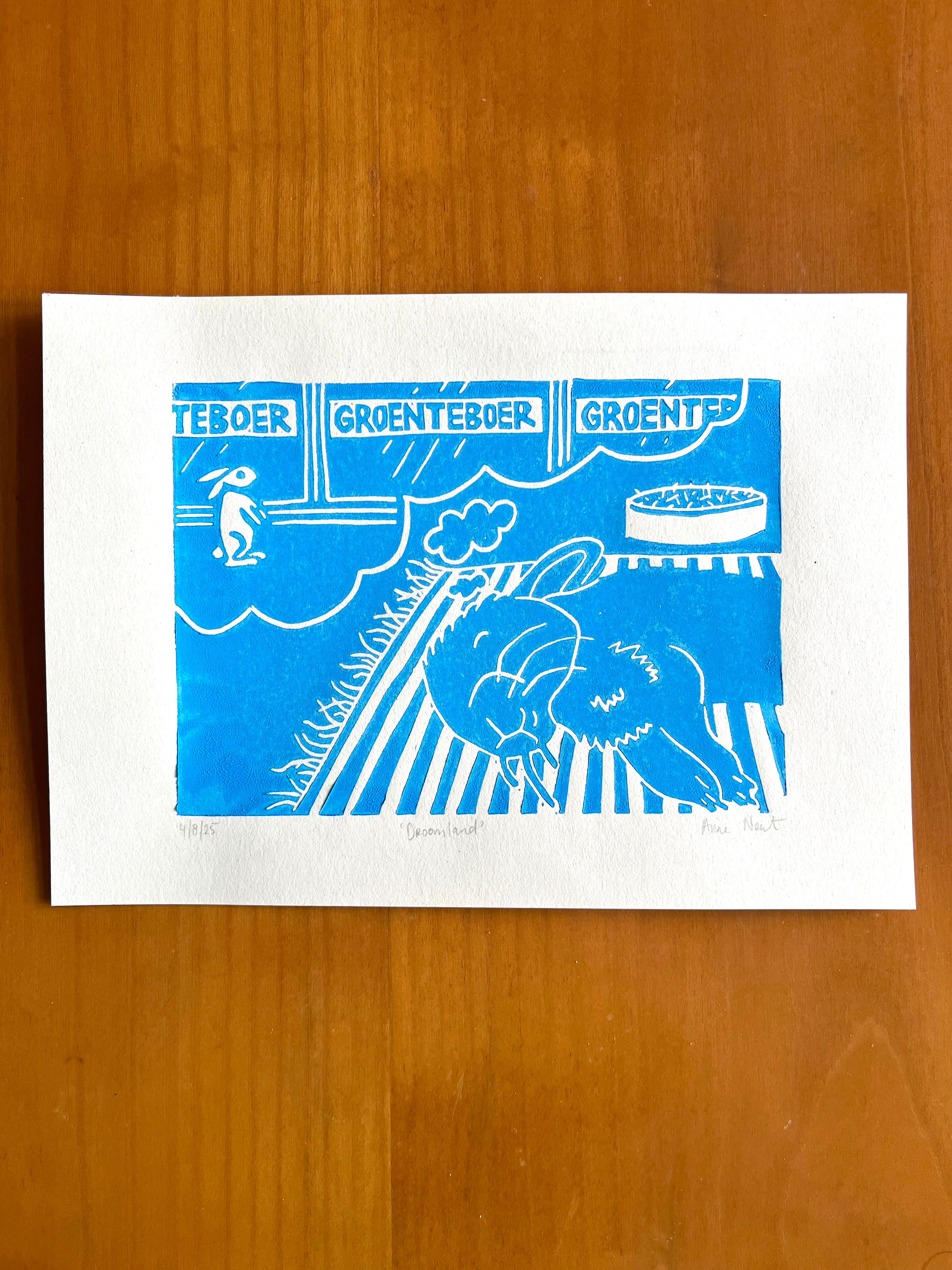 Lino print van tekening van dromend konijn door Anne Neuteboom cabaretier Anne Neut Boetiek