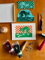 Materialen benodigdheden voor blokdruk print van kotsende kat Nieuwe Pantoffels door Anne Neuteboom cabaretier Anne Neut Boetiek