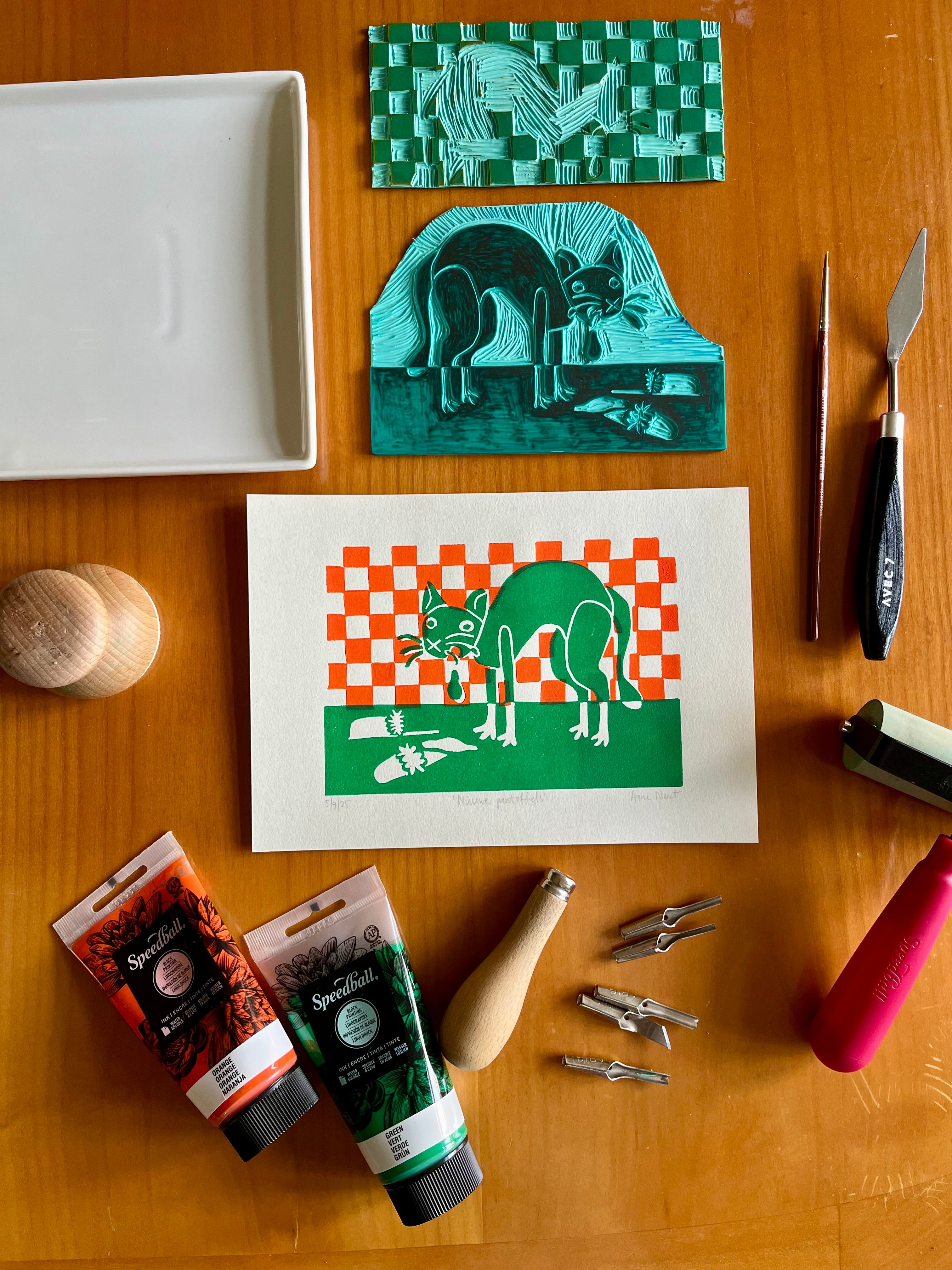 Materialen benodigdheden voor blokdruk print van kotsende kat Nieuwe Pantoffels door Anne Neuteboom cabaretier Anne Neut Boetiek