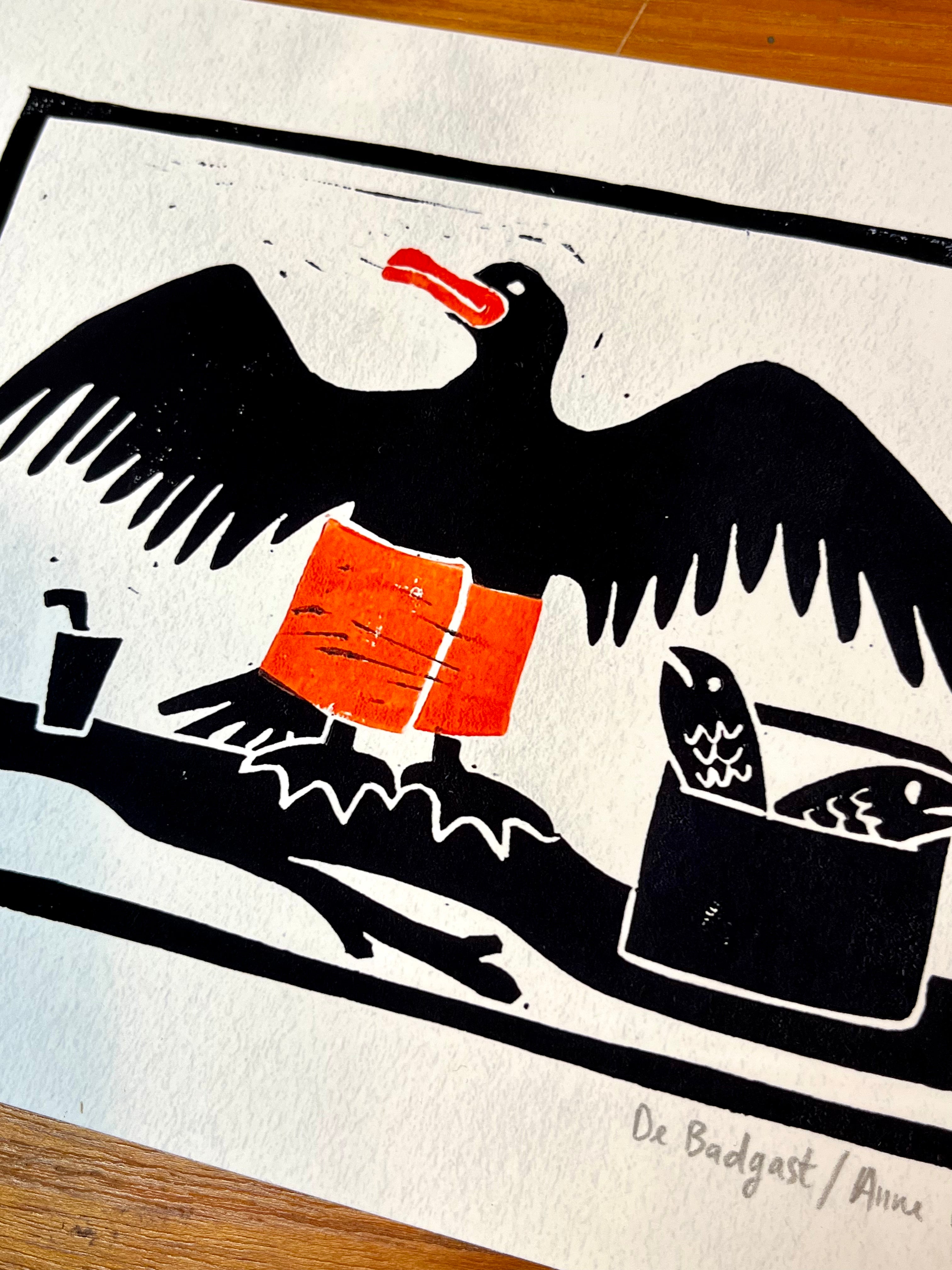 Fine art print van blokdruk lino Aalscholver door Anne Neuteboom cabaretier Anne Neut Boetiek