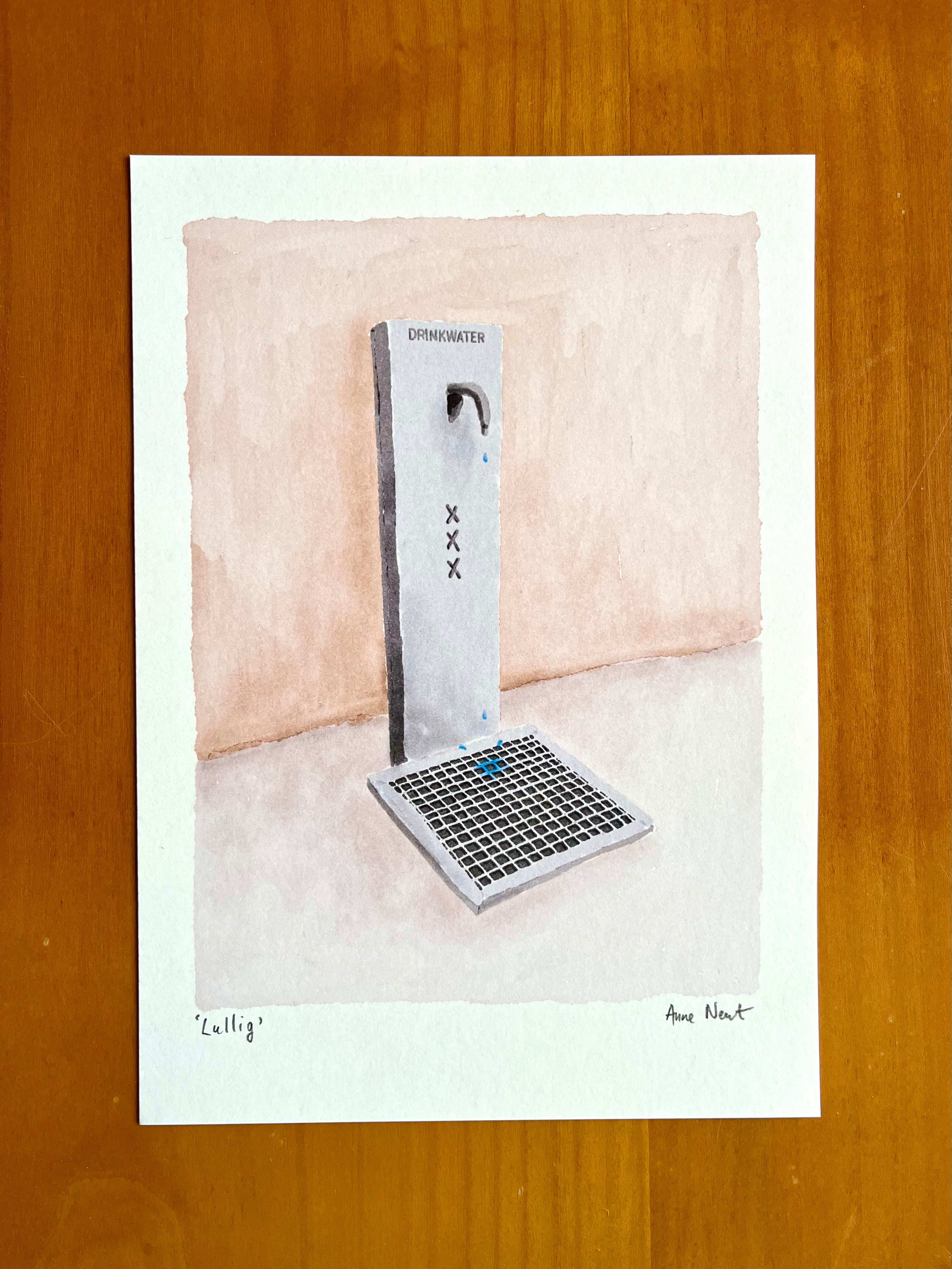 Tekening van drinkwater fontein in Amsterdam door Anne Neuteboom cabaretier Anne Neut Boetiek