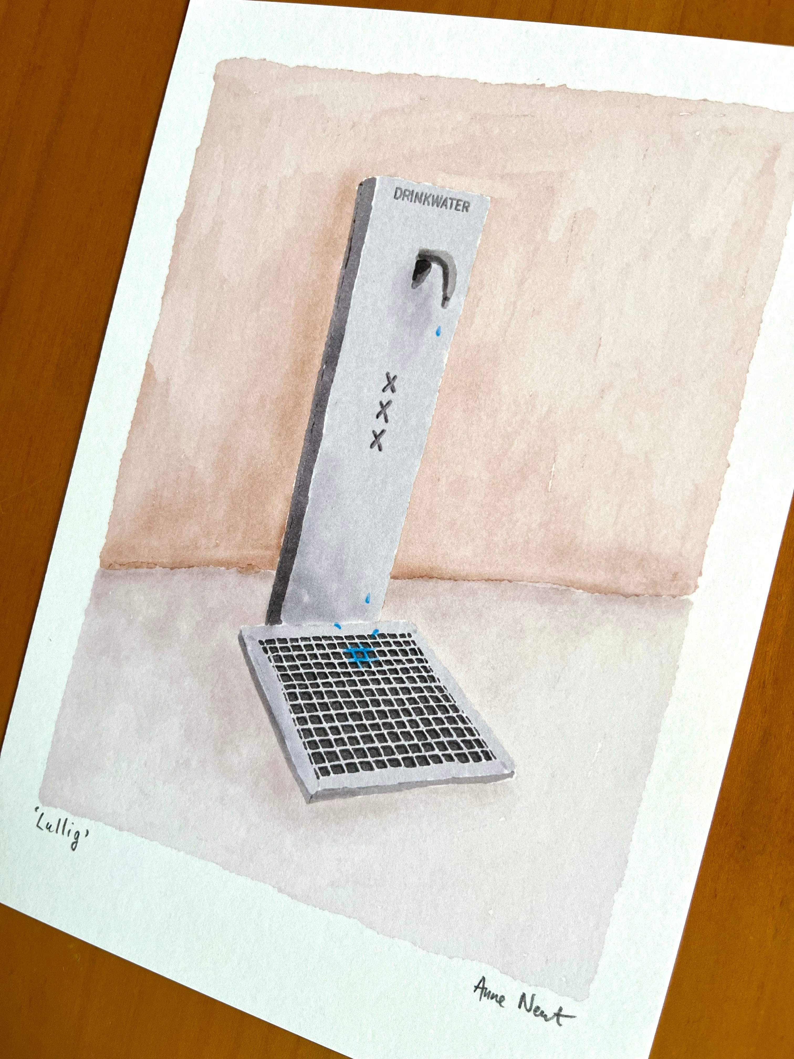 Tekening van drinkwater fontein in Amsterdam door Anne Neuteboom cabaretier Anne Neut Boetiek