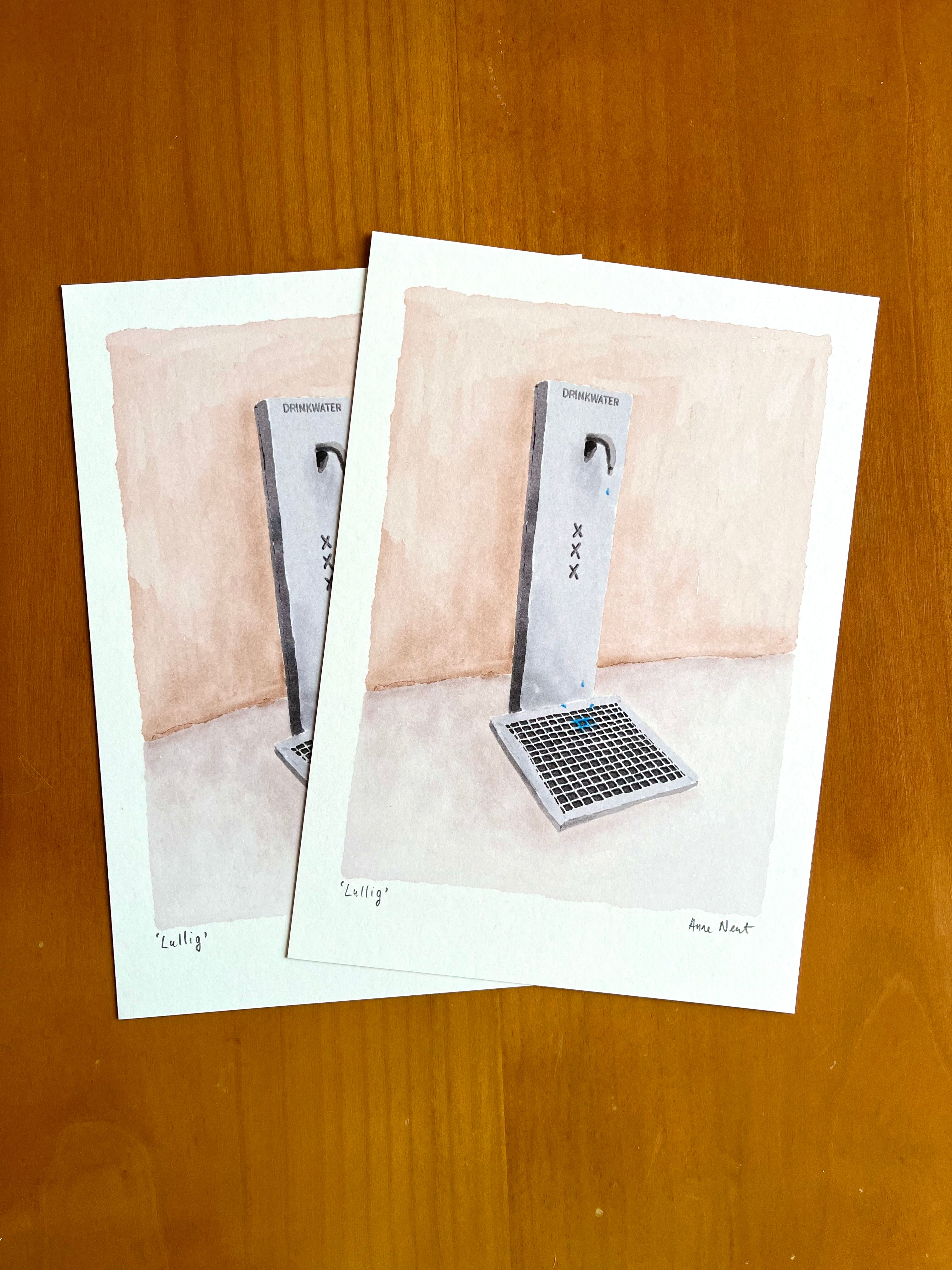 Tekening van drinkwater fontein in Amsterdam door Anne Neuteboom cabaretier Anne Neut Boetiek