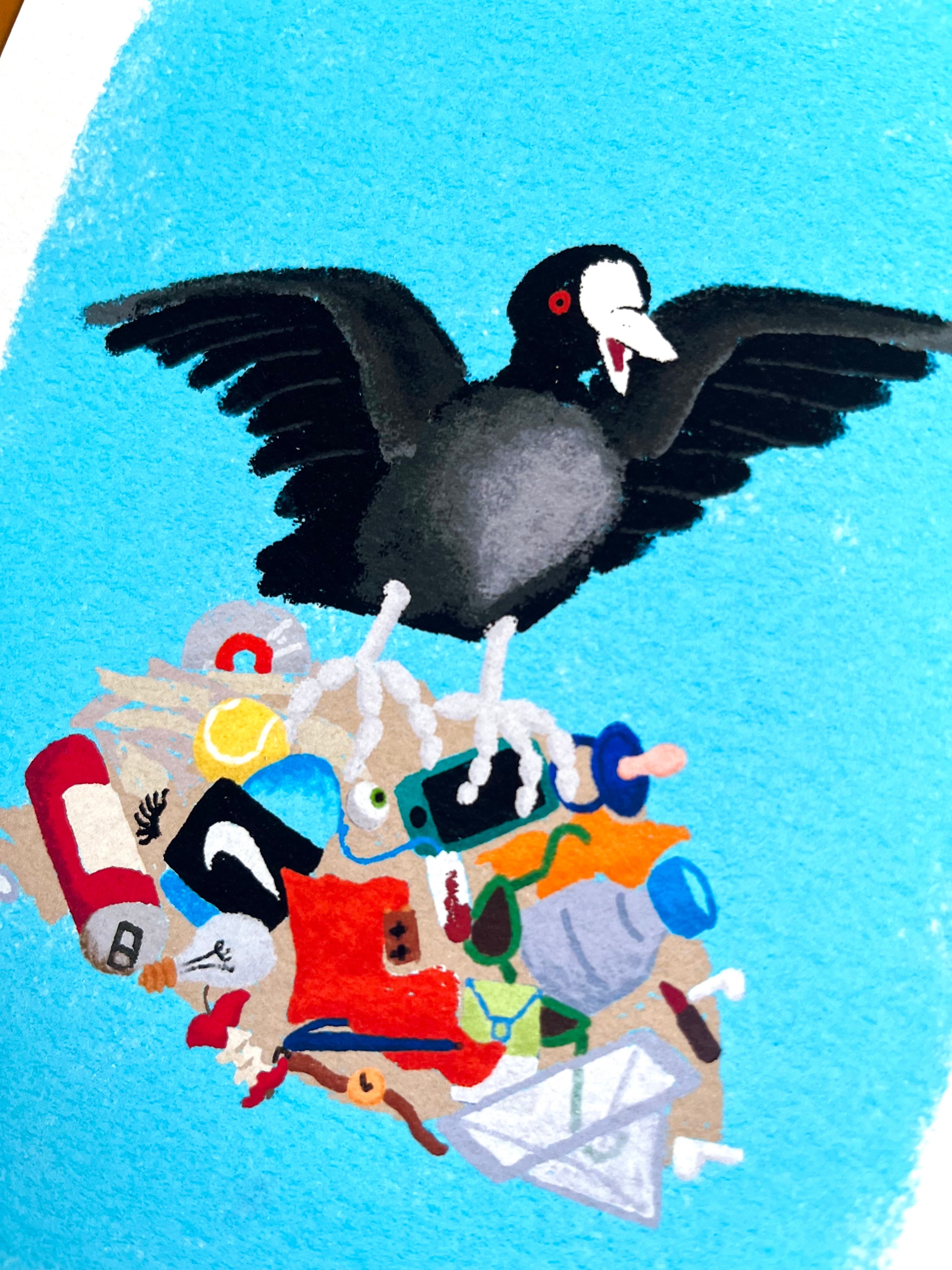 Fine art print van tekening van meerkoet op vuilnisnest door Anne Neuteboom cabaretier Anne Neut Boetiek