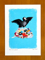 Fine art print van tekening van meerkoet op vuilnisnest door Anne Neuteboom cabaretier Anne Neut Boetiek