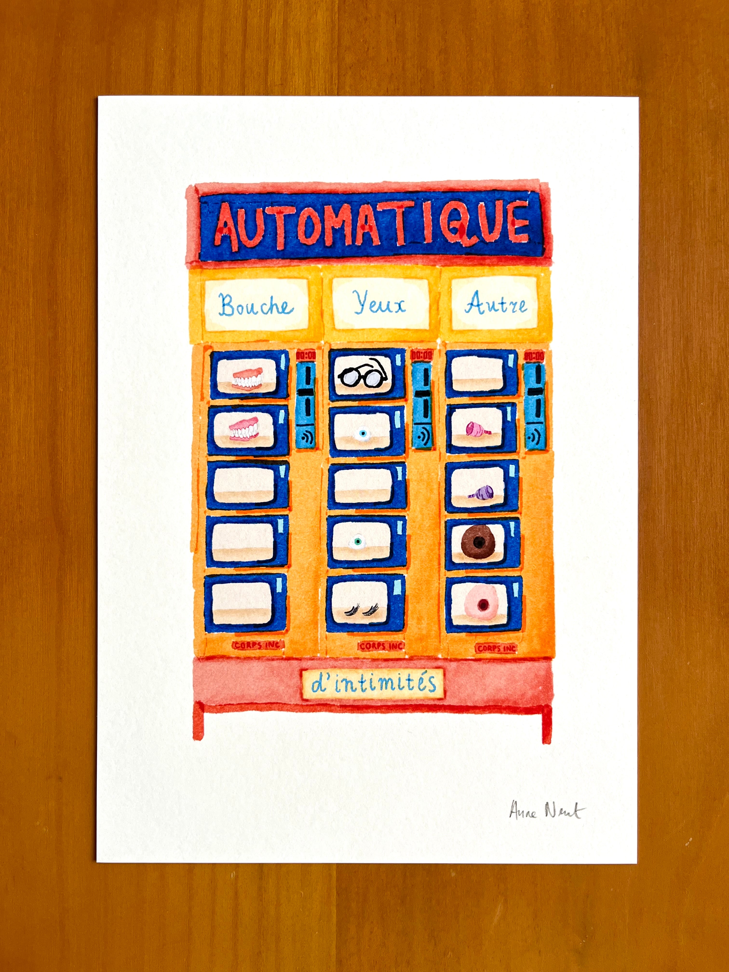 Tekening van een automatiek met protheses door Anne Neuteboom cabaretier Anne Neut Boetiek