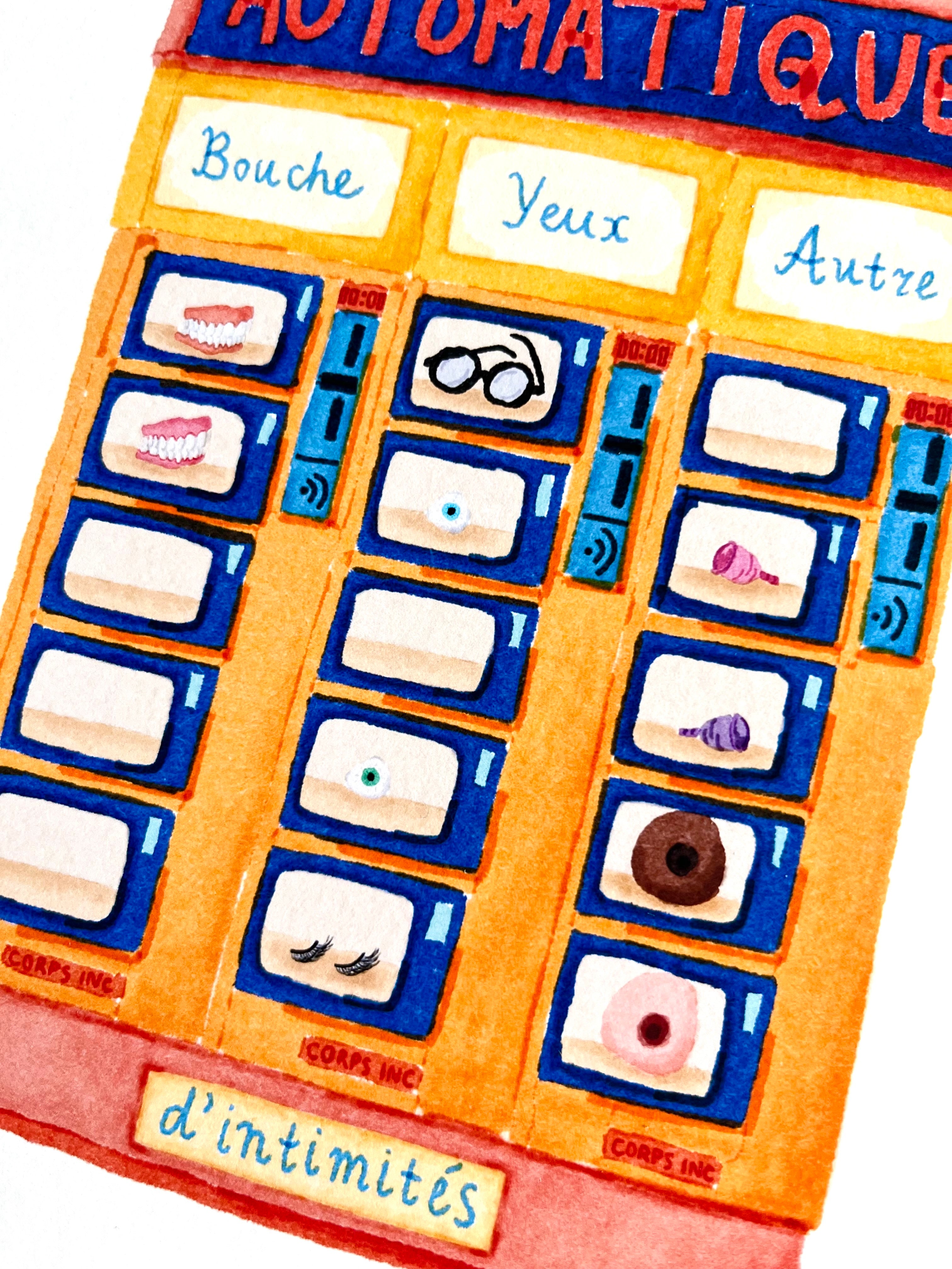 Tekening van een automatiek met protheses door Anne Neuteboom cabaretier Anne Neut Boetiek