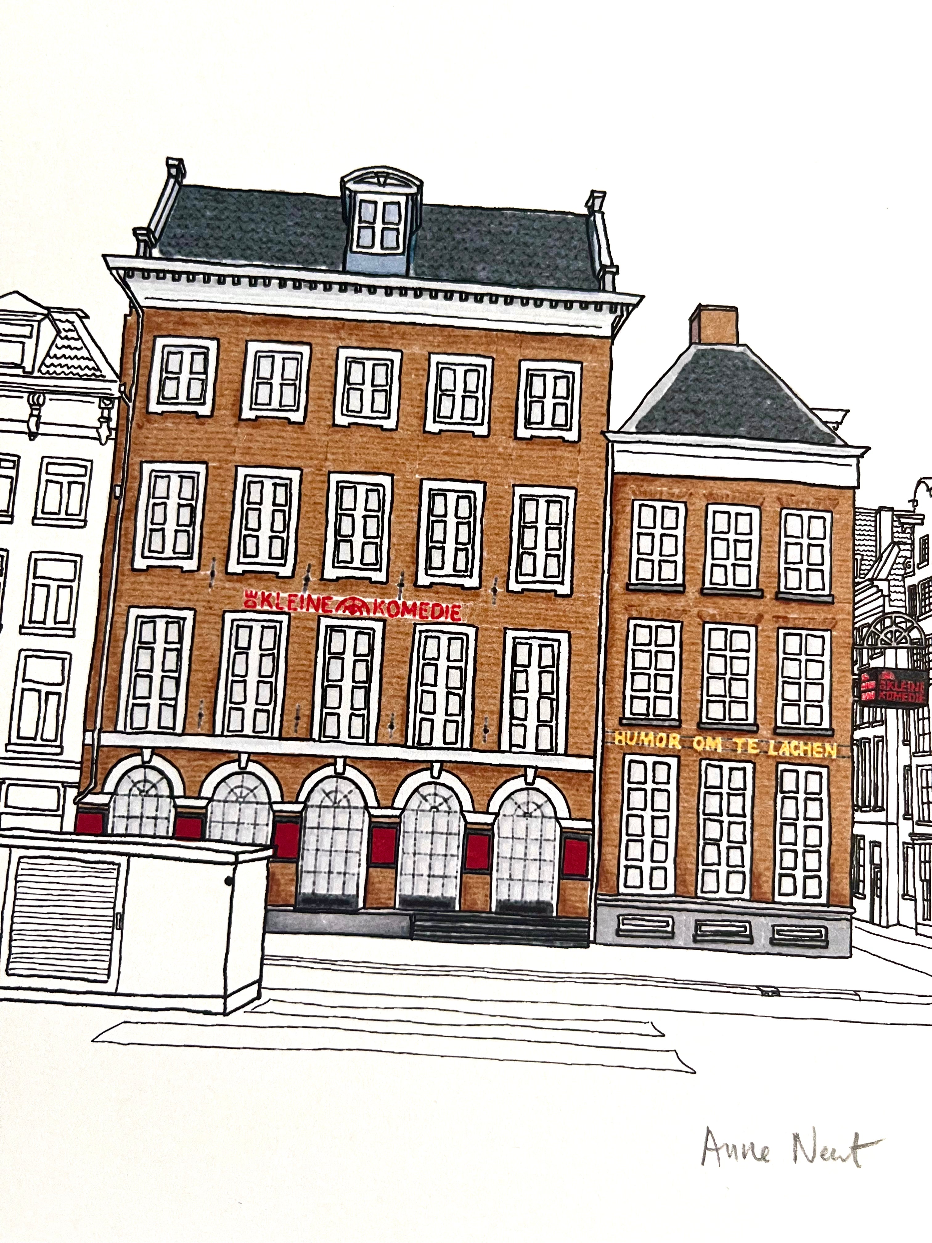 Tekening van theater De Kleine Komedie in Amsterdam door Anne Neuteboom cabaretier Anne Neut Boetiek