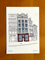 Tekening van een bekende fastfood zaak op het Muntplein in Amsterdam door Anne Neuteboom cabaretier Anne Neut Boetiek