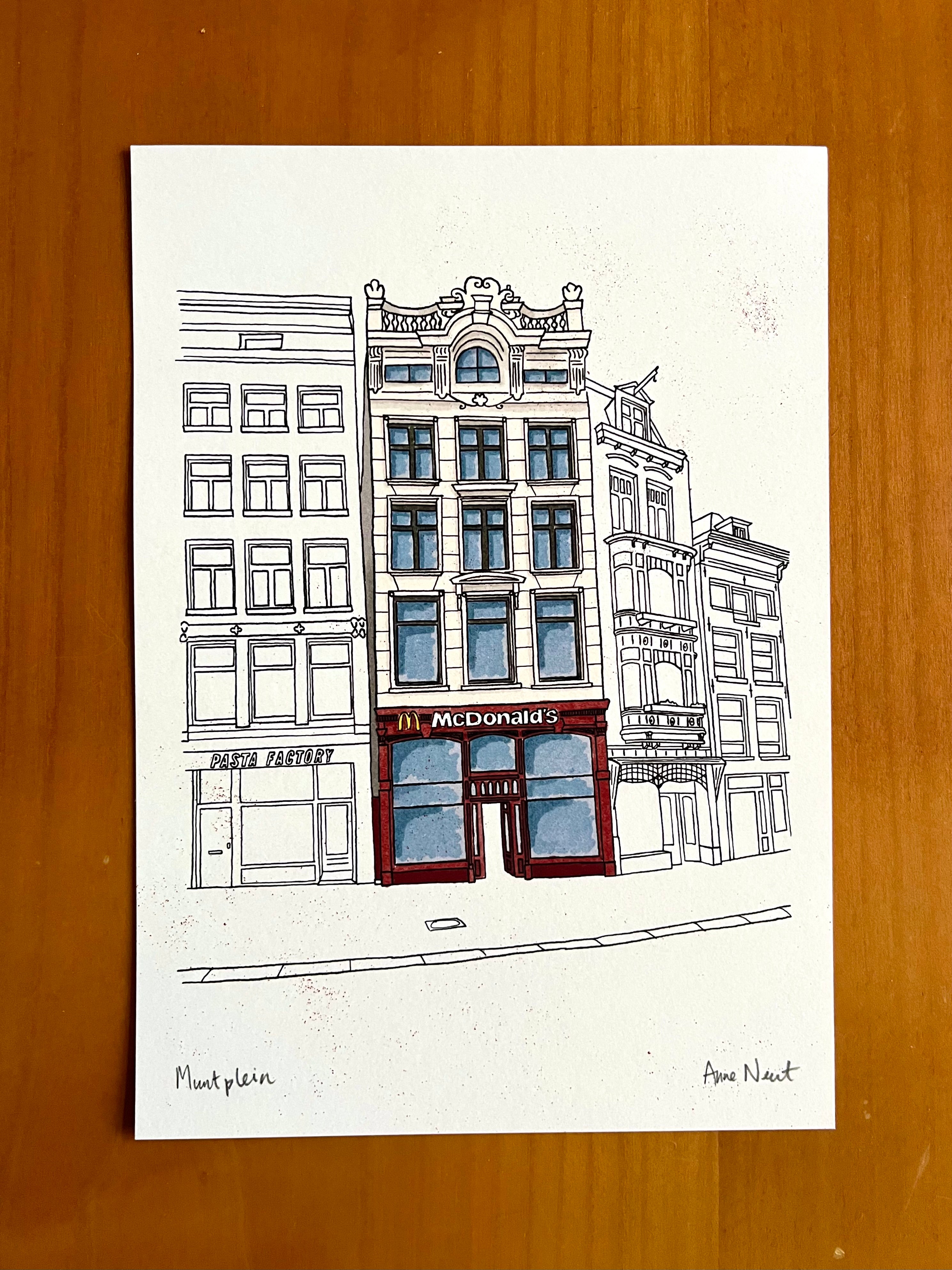 Tekening van een bekende fastfood zaak op het Muntplein in Amsterdam door Anne Neuteboom cabaretier Anne Neut Boetiek