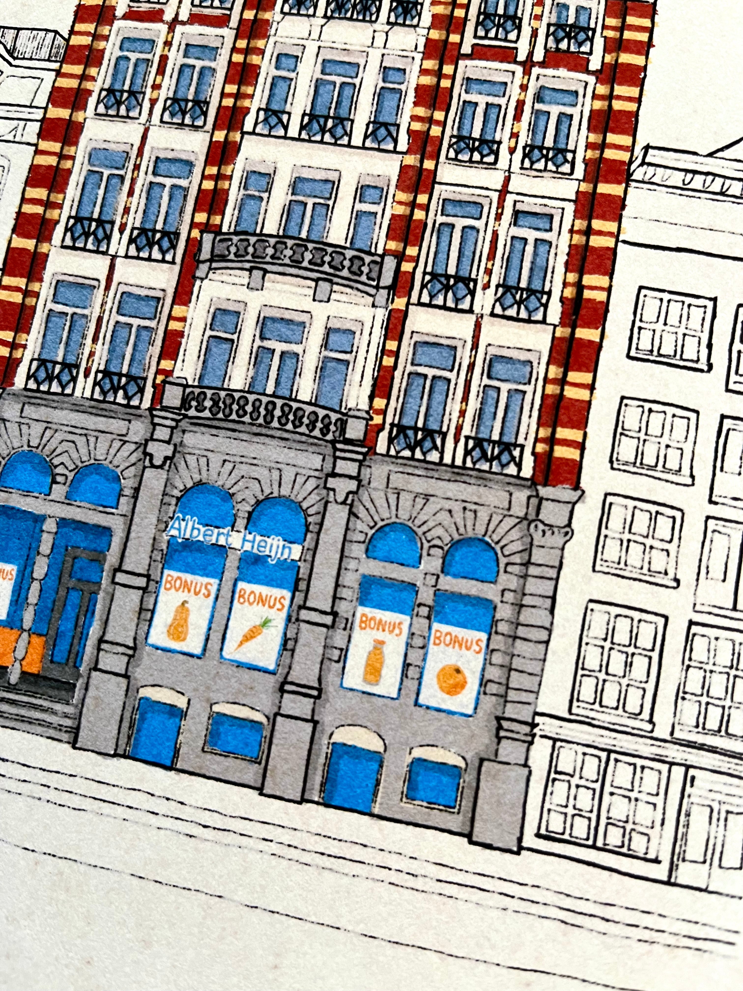 Tekening van supermarkt op de Prins Hendrikkade in Amsterdam door Anne Neuteboom cabaretier Anne Neut Boetiek