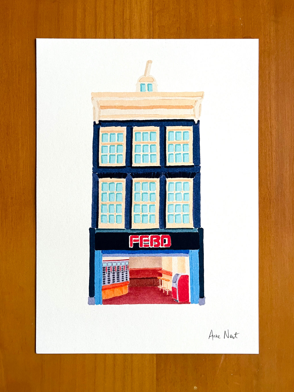 Tekening van snackbar aan de Reguliersbreestraat in Amsterdam door Anne Neuteboom cabaretier Anne Neut Boetiek