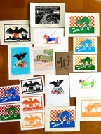 Overzicht van een aantal kleine linoprints, blokdruk prints, fine art prints etc door Anne Neuteboom cabaretier Anne Neut Boetiek