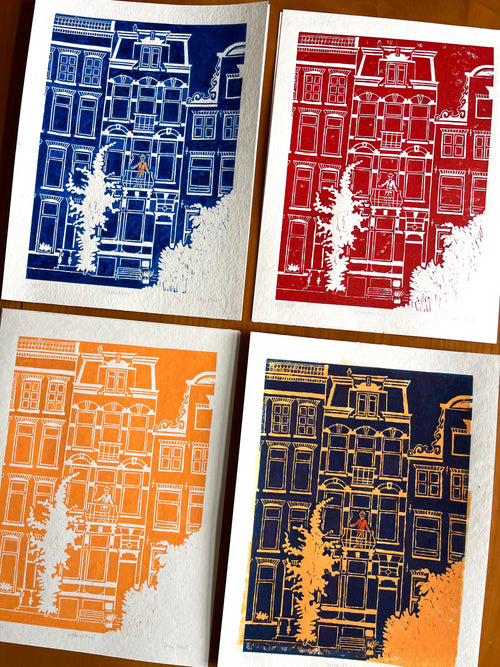 Linoprint Uitbrakken 24x32cm door Anne Neuteboom cabaretier Anne Neut Boetiek