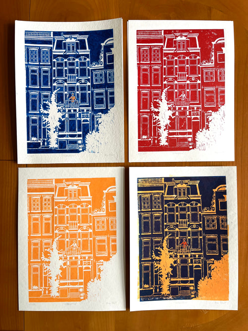 Linoprint Uitbrakken 24x32cm door Anne Neuteboom cabaretier Anne Neut Boetiek