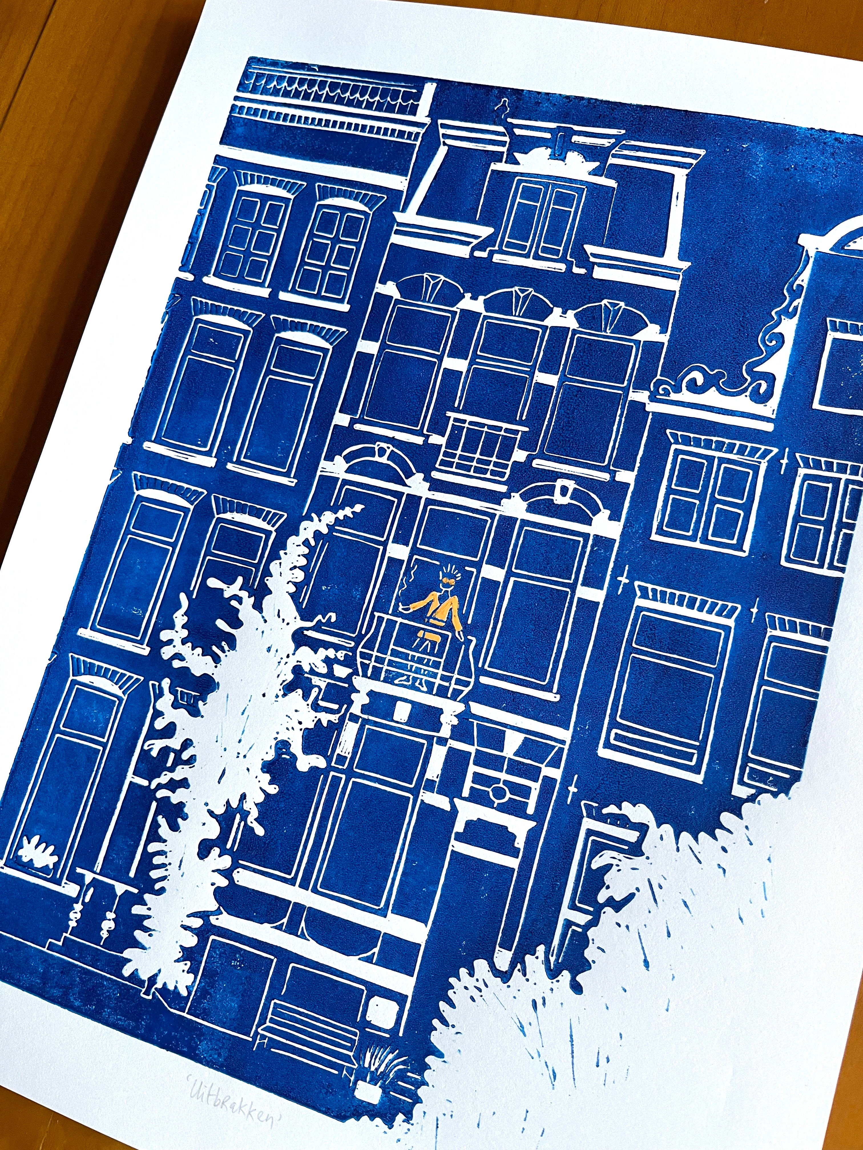 Linoprint van tekening Herengracht Amsterdam door Anne Neuteboom cabaretier Anne Neut Boetiek