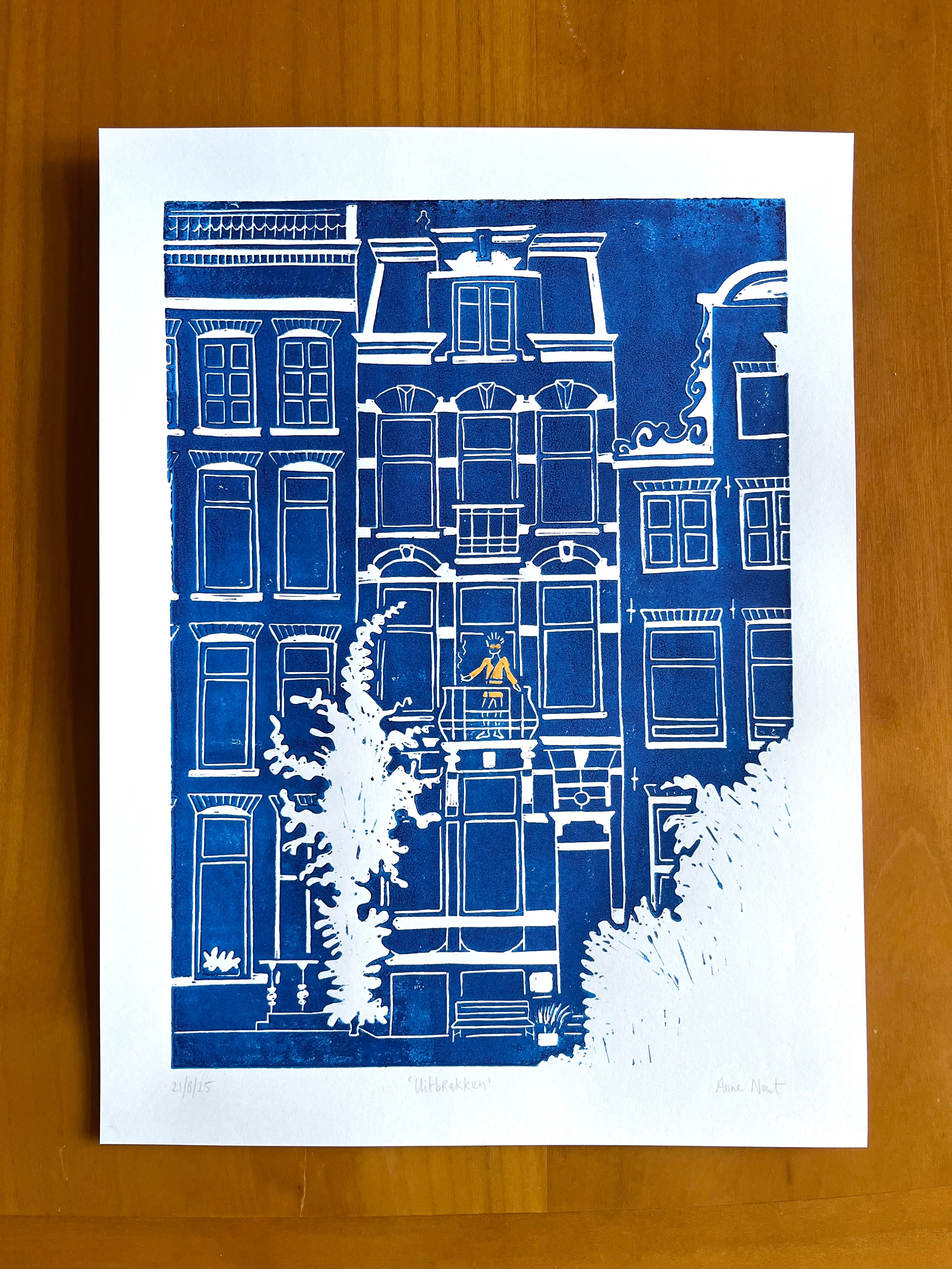 Linoprint van tekening Herengracht Amsterdam door Anne Neuteboom cabaretier Anne Neut Boetiek
