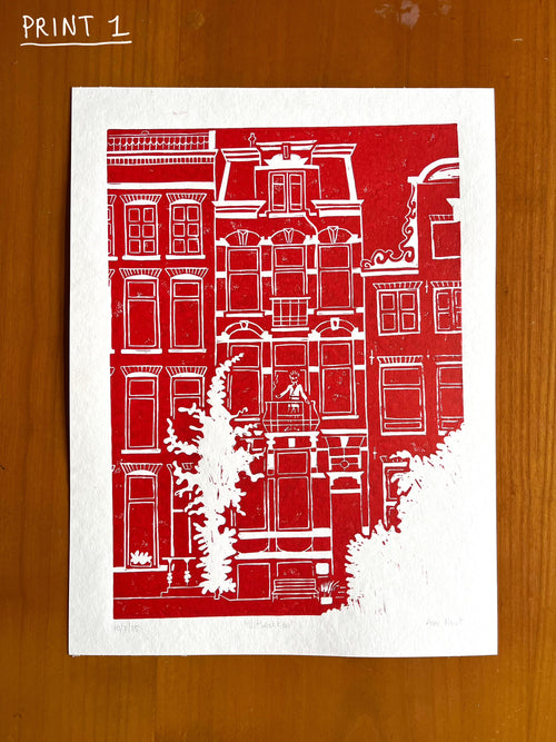 Linoprint Uitbrakken 24x32cm door Anne Neuteboom cabaretier Anne Neut Boetiek