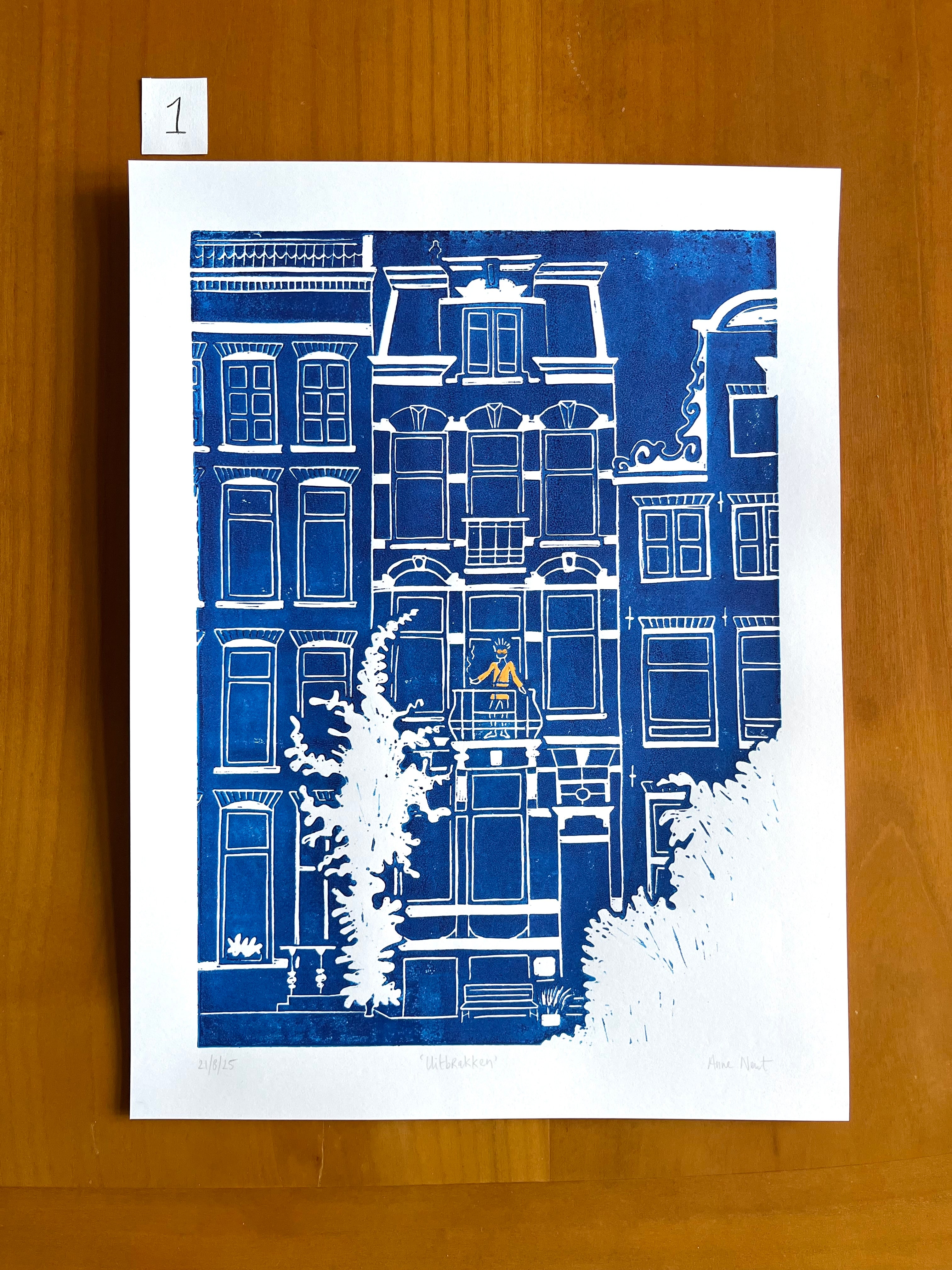 Linoprint van tekening Herengracht Amsterdam door Anne Neuteboom cabaretier Anne Neut Boetiek