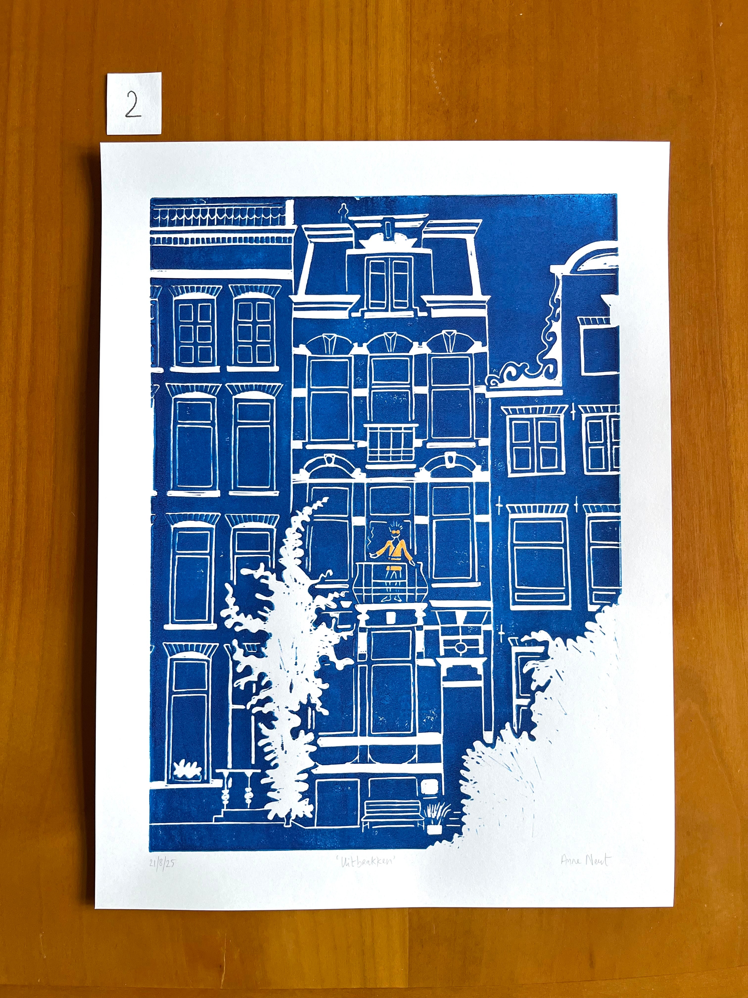 Linoprint van tekening Herengracht Amsterdam door Anne Neuteboom cabaretier Anne Neut Boetiek