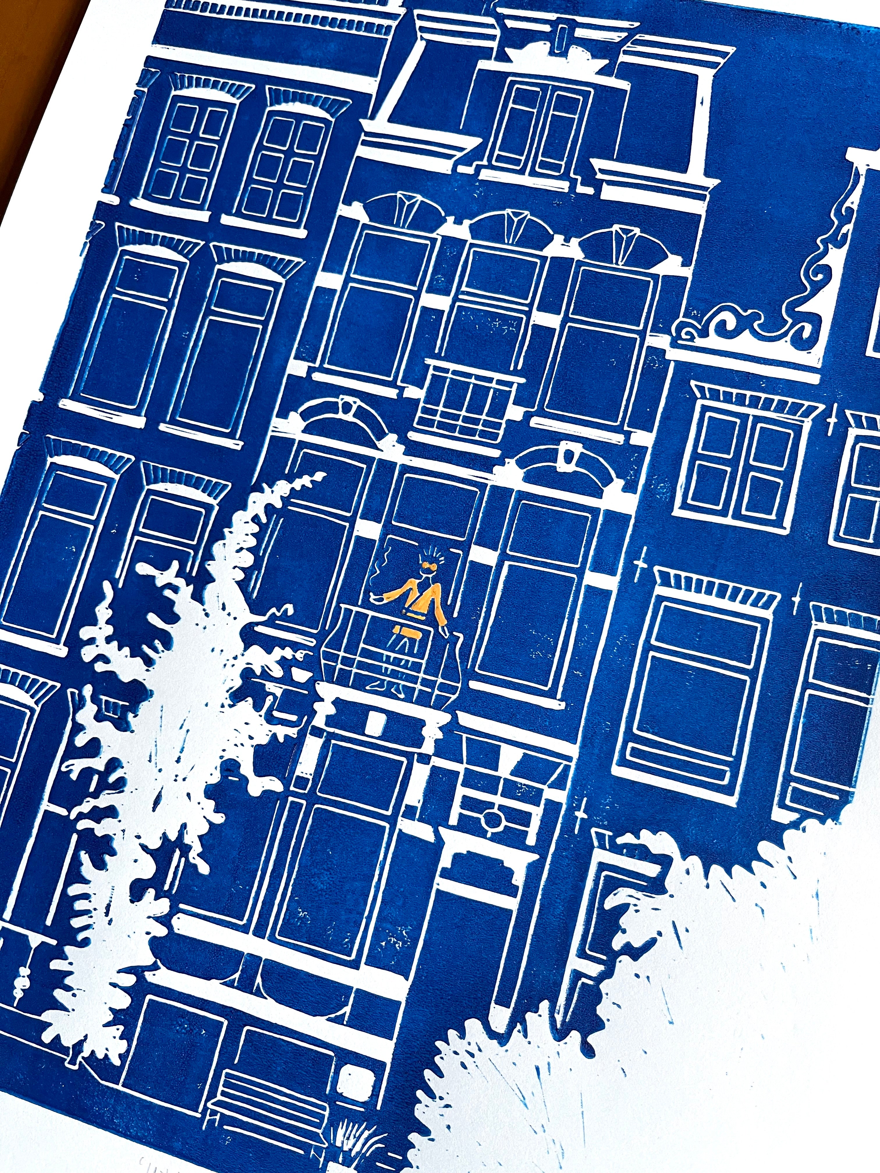 Linoprint van tekening Herengracht Amsterdam door Anne Neuteboom cabaretier Anne Neut Boetiek