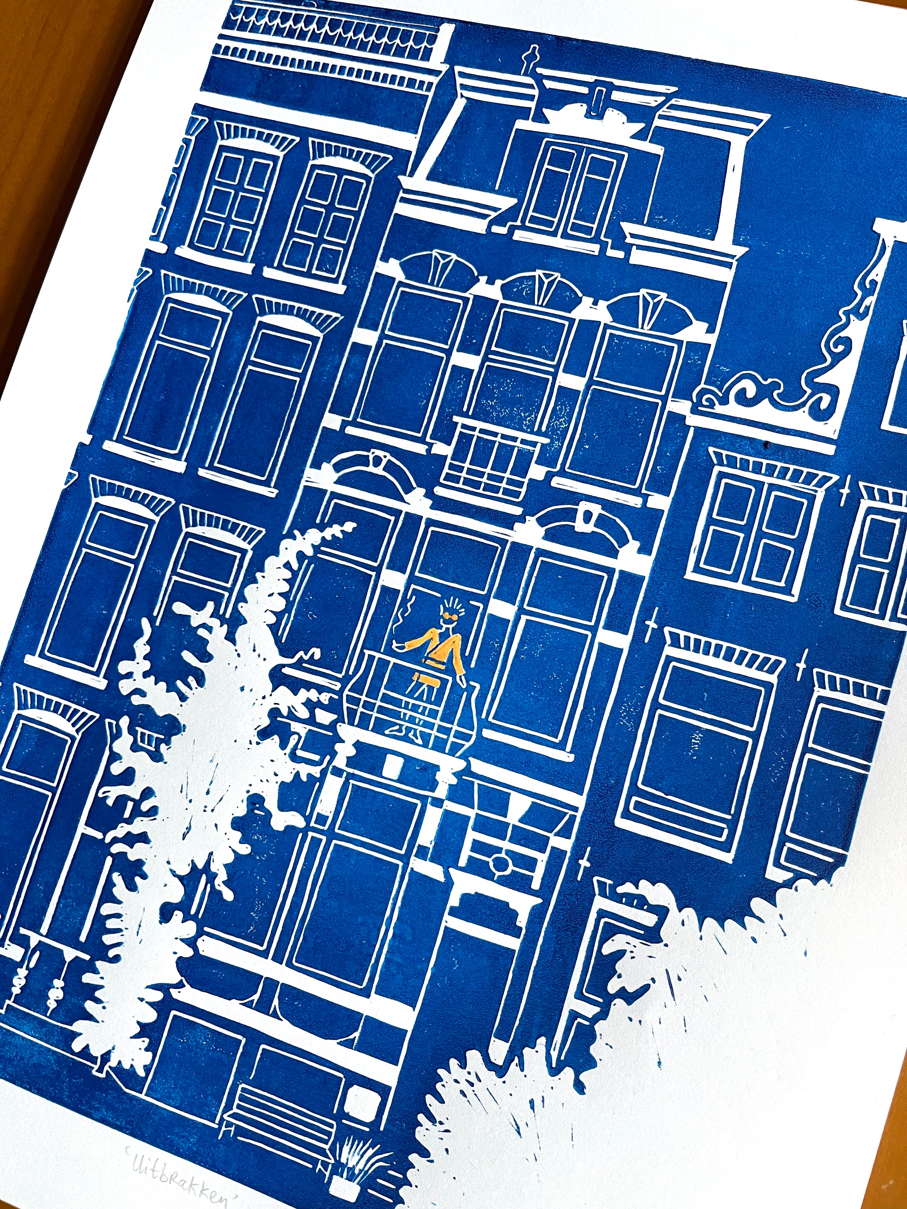 Linoprint van tekening Herengracht Amsterdam door Anne Neuteboom cabaretier Anne Neut Boetiek