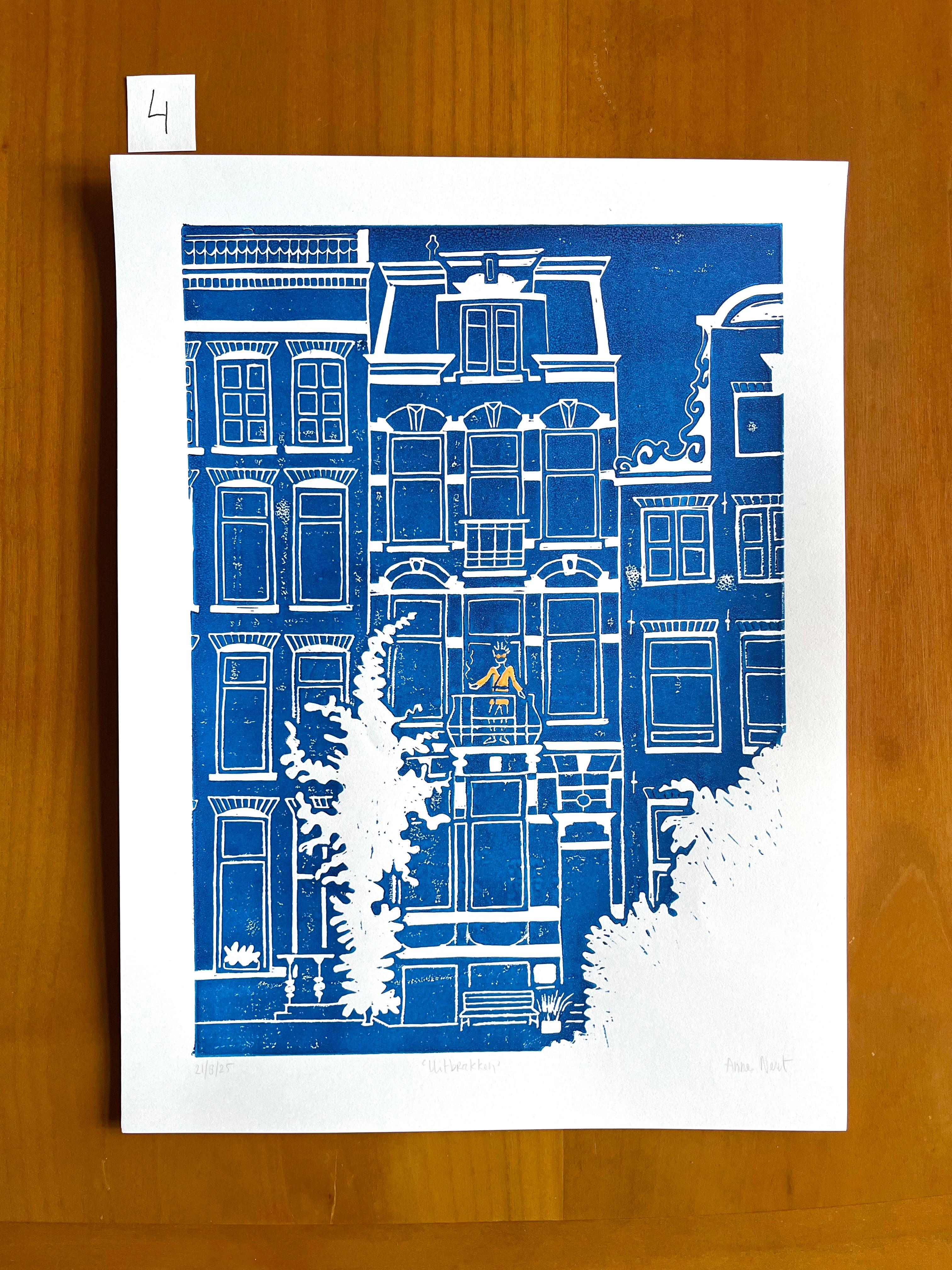 Linoprint van tekening Herengracht Amsterdam door Anne Neuteboom cabaretier Anne Neut Boetiek