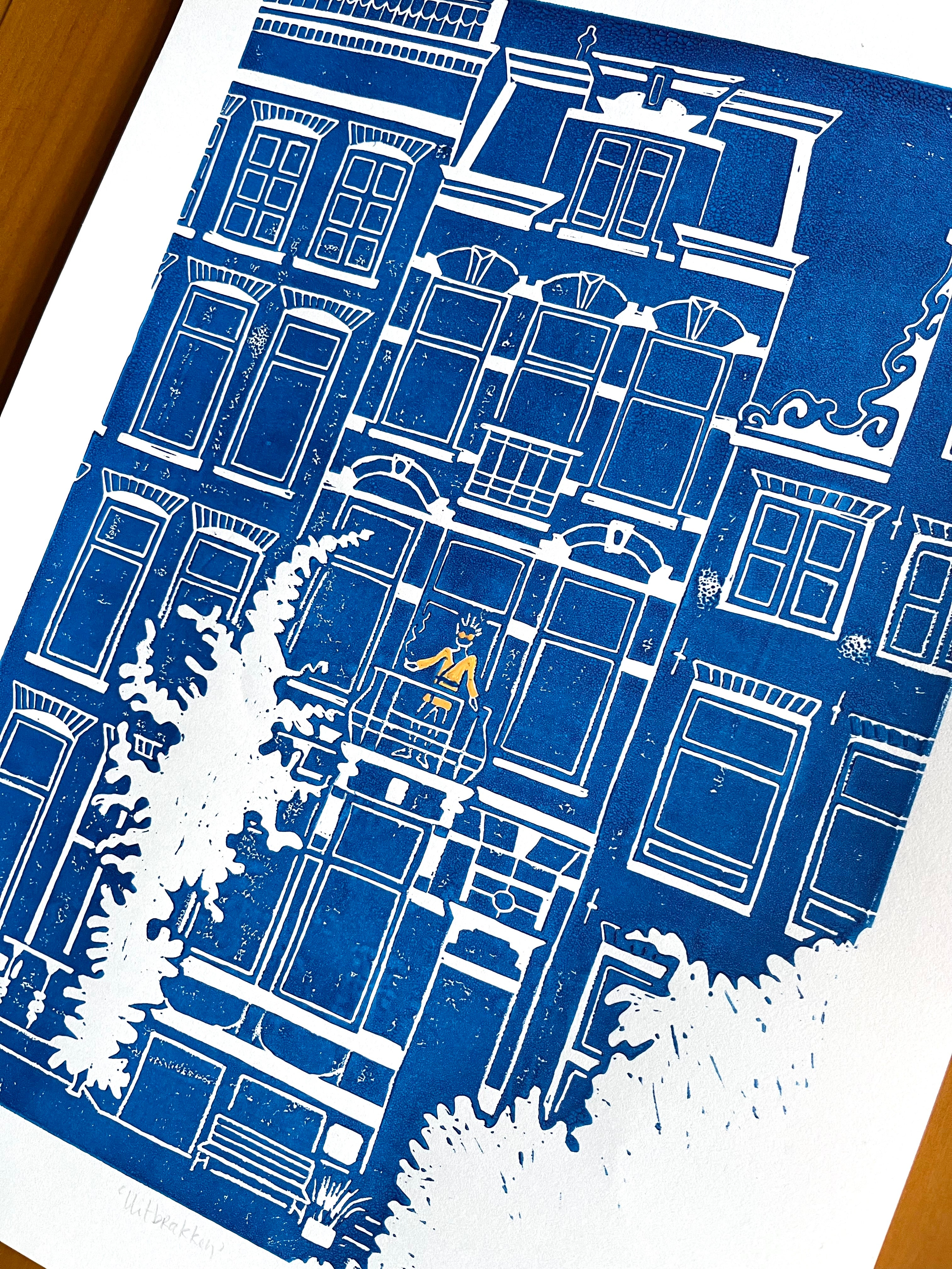 Linoprint van tekening Herengracht Amsterdam door Anne Neuteboom cabaretier Anne Neut Boetiek