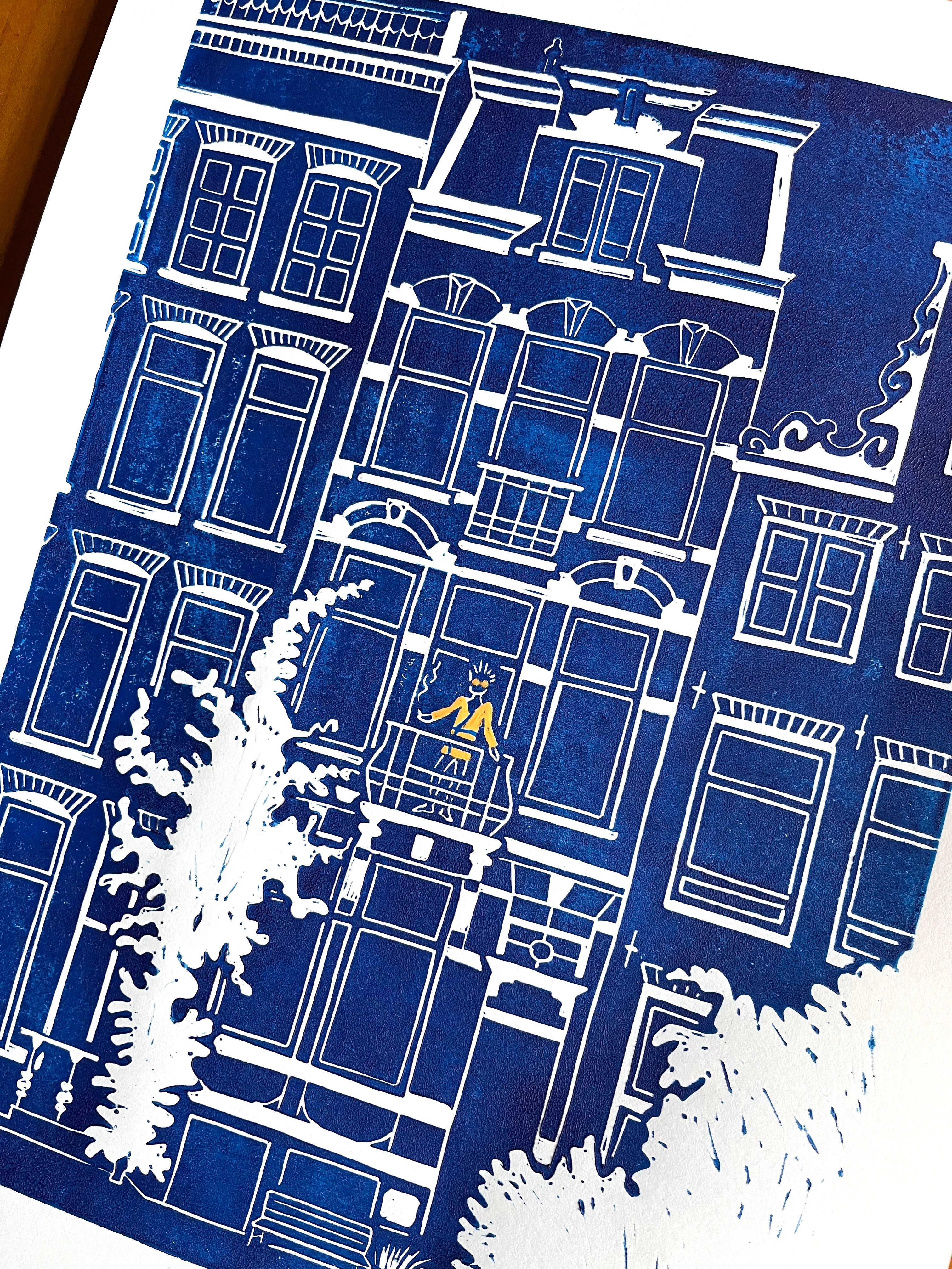 Linoprint van tekening Herengracht Amsterdam door Anne Neuteboom cabaretier Anne Neut Boetiek