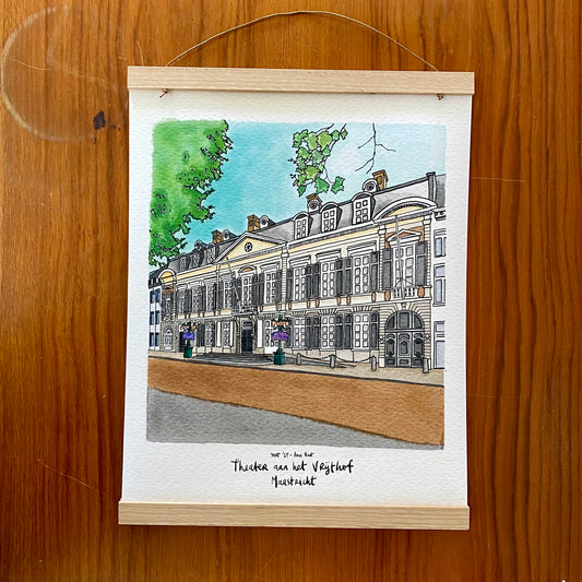 Poster van tekening van Theater aan het Vrijthof door Anne Neuteboom cabaretier