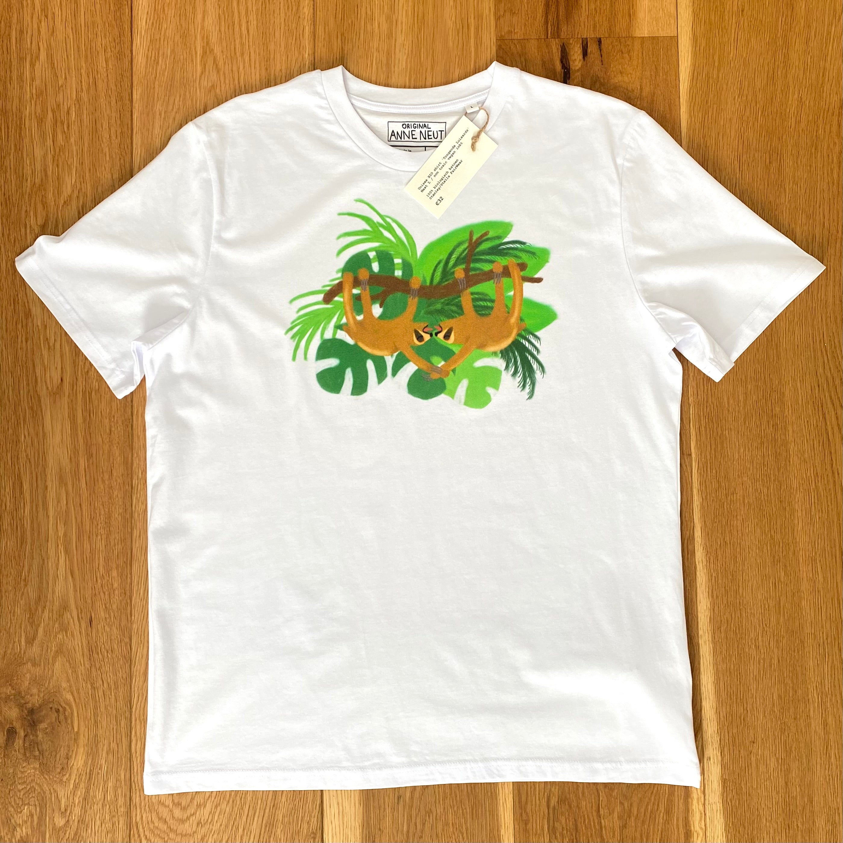 Shirt met tekening van tongende luiaards door Anne Neuteboom cabaretier Anne Neut Boetiek