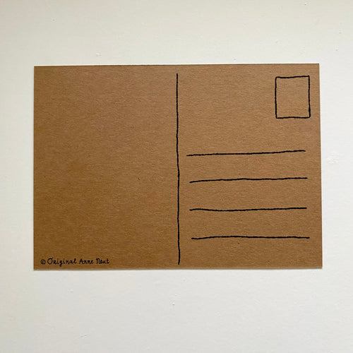 Ansichtkaart met tekening van plassende stokstaartjes door Anne Neuteboom cabaretier in Anne Neut Boetiek