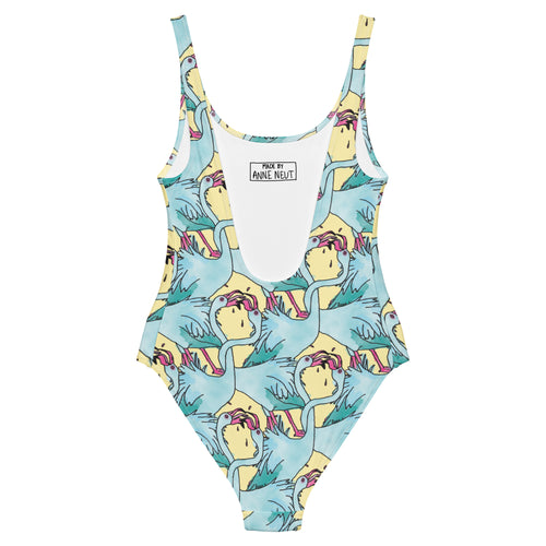 Badpak met tekening van tongende flamingos door Anne Neuteboom cabaretier Anne Neut Boetiek