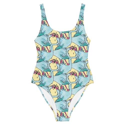 Badpak met tekening van tongende flamingos door Anne Neuteboom cabaretier Anne Neut Boetiek
