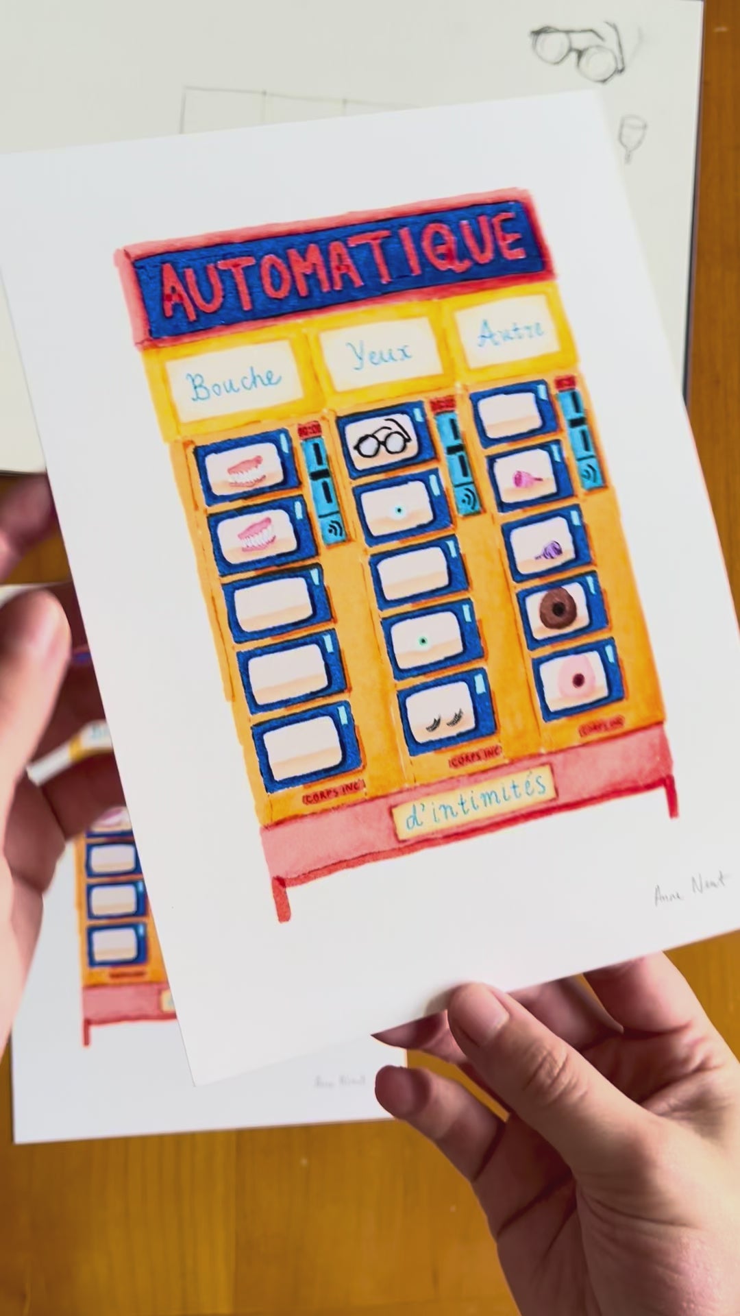 Tekening van een automatiek met protheses door Anne Neuteboom cabaretier Anne Neut Boetiek