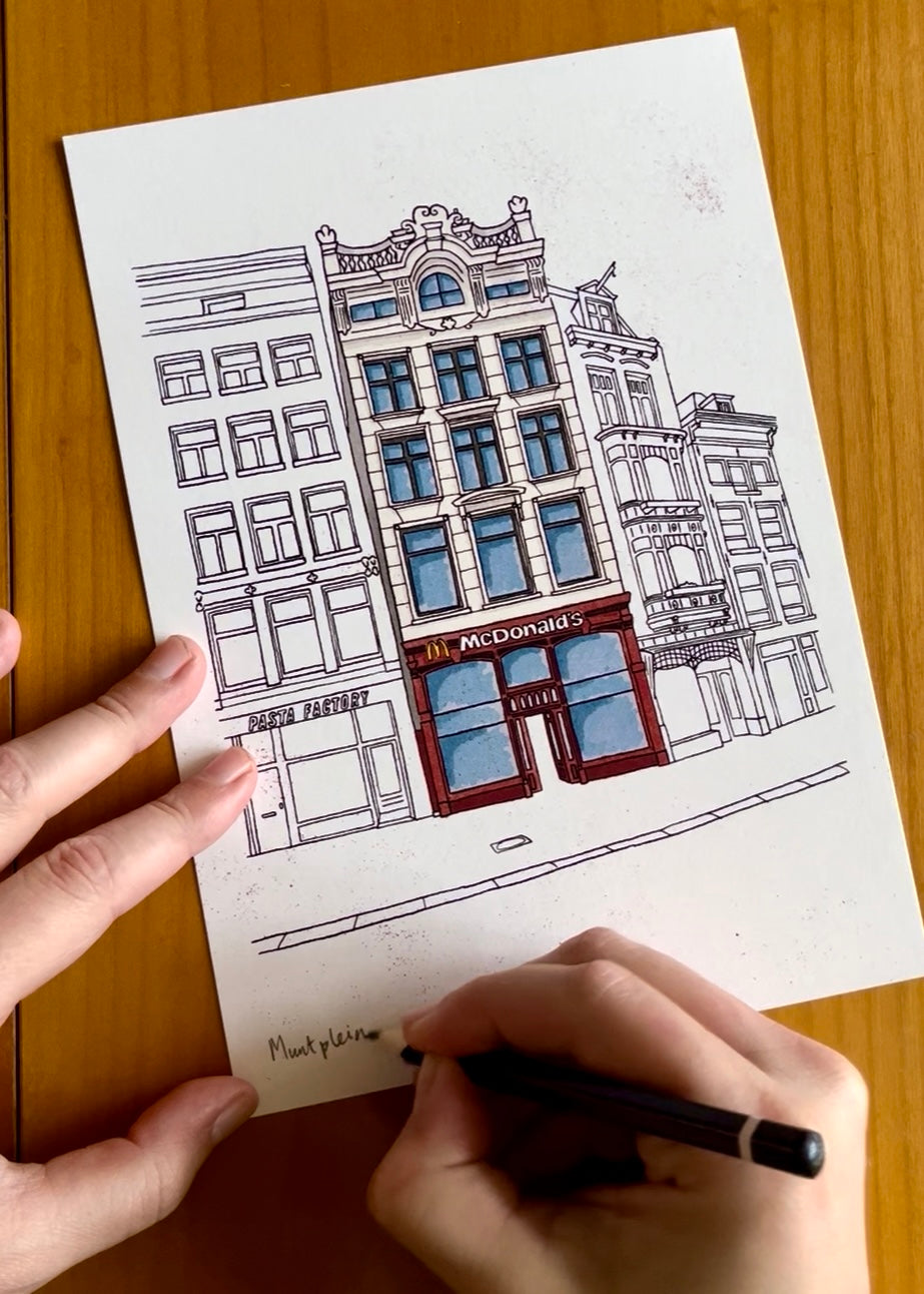 Tekening van een bekende fastfood zaak op het Muntplein in Amsterdam door Anne Neuteboom cabaretier Anne Neut Boetiek