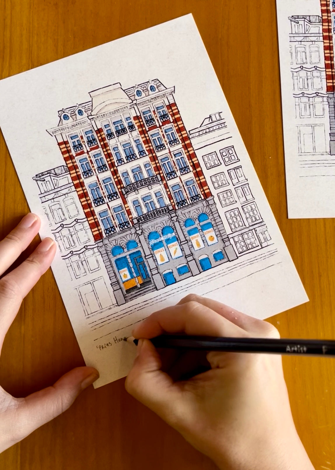 Tekening van supermarkt op de Prins Hendrikkade in Amsterdam door Anne Neuteboom cabaretier Anne Neut Boetiek
