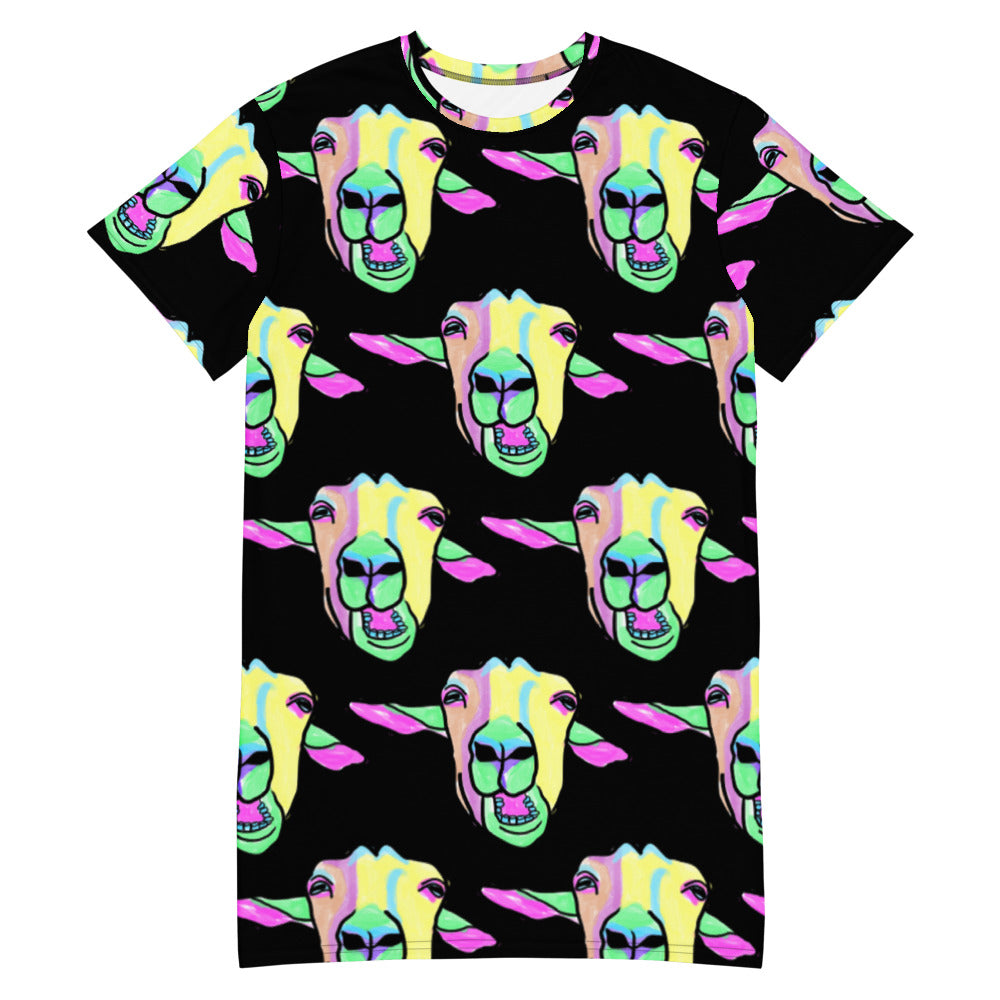 T-Shirt jurk met tekening van kauwende geiten door Anne Neuteboom cabaretier in Anne Neut Boetiek