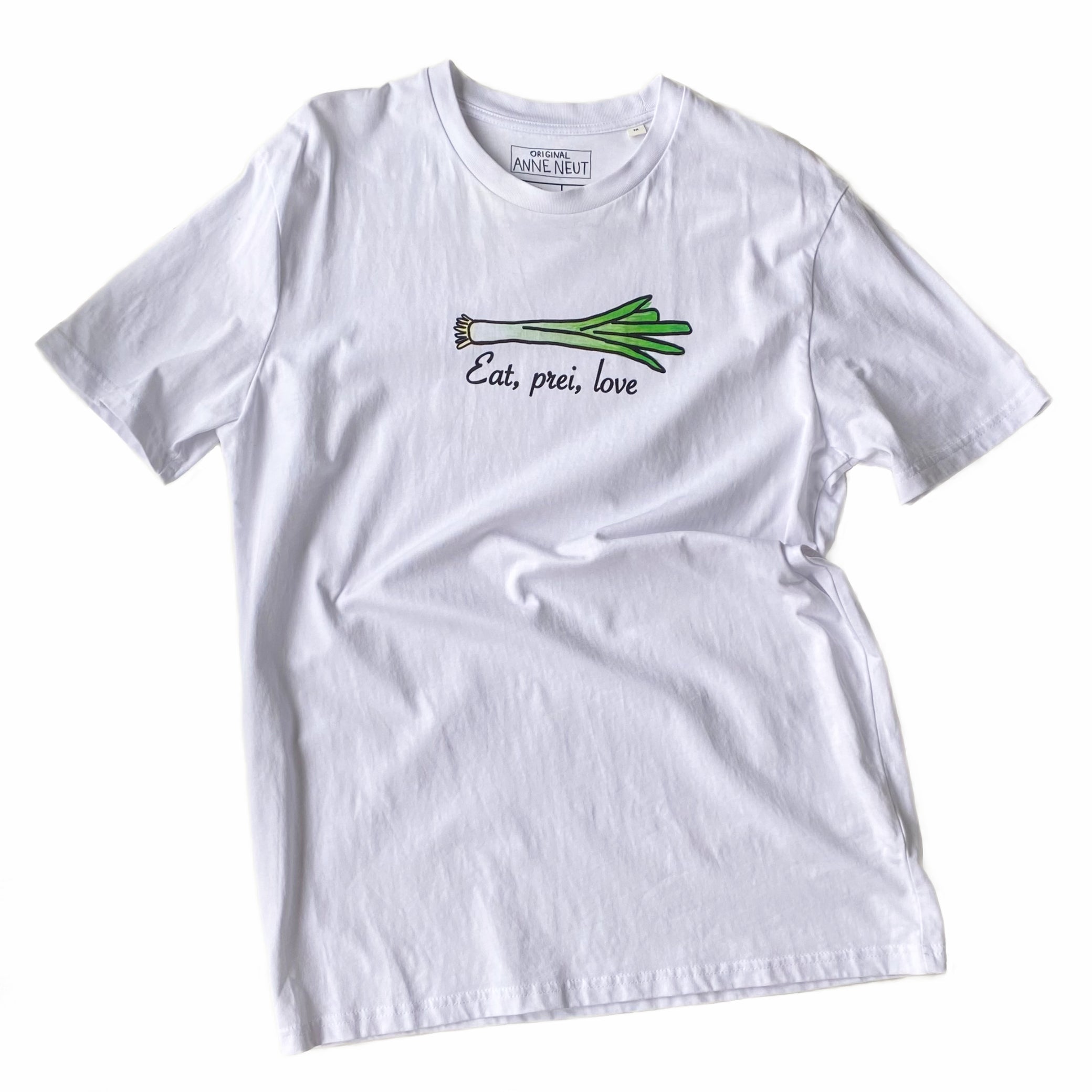 Shirt met tekening van prei door Anne Neuteboom cabaretier in Anne Neut Boetiek