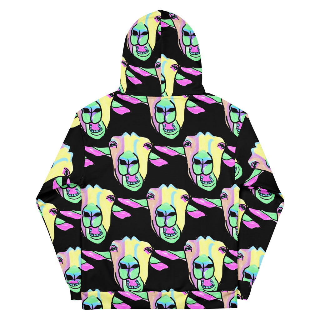 Hoodie met tekening van kauwende geiten door Anne Neuteboom cabaretier in Anne Neut Boetiek