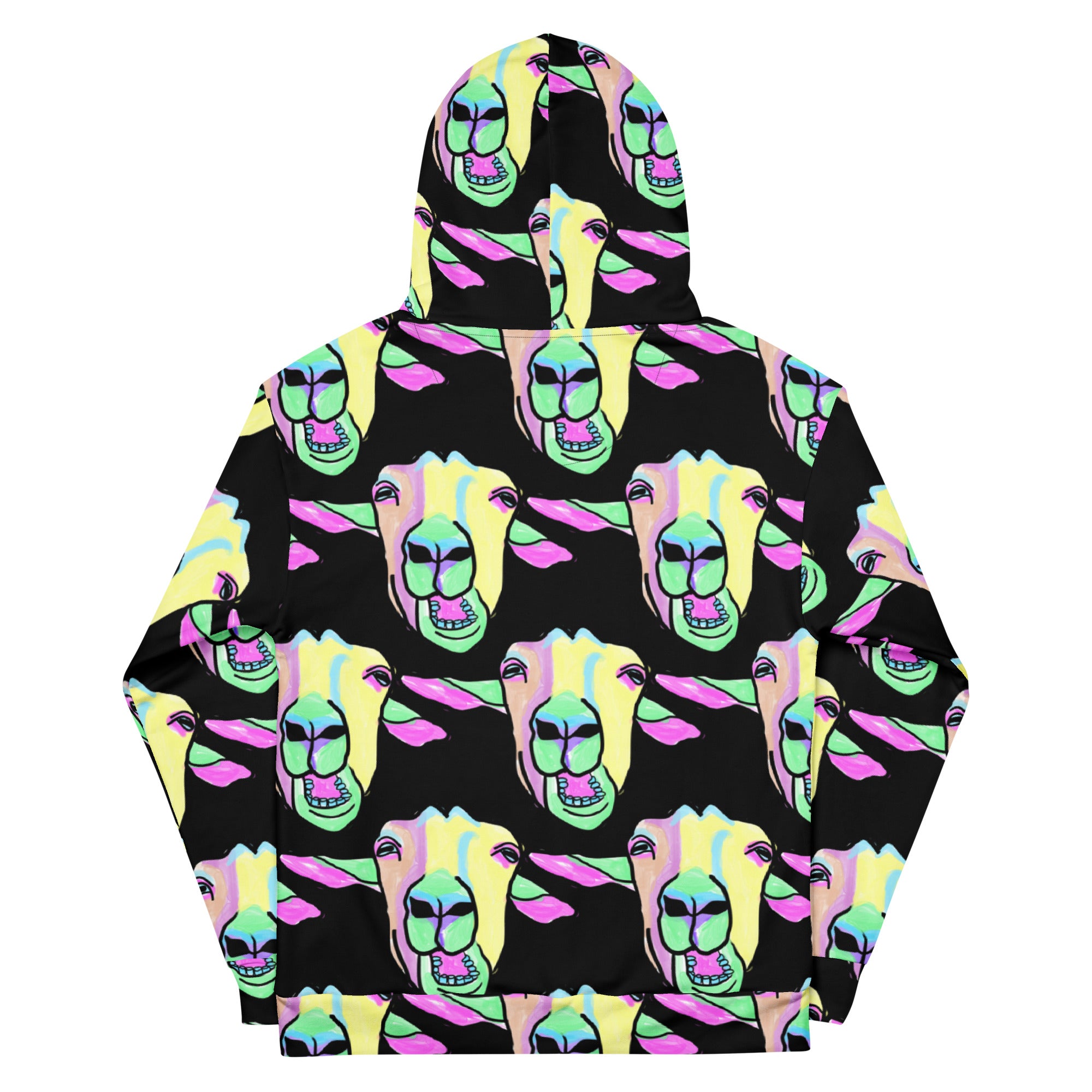 Hoodie met tekening van kauwende geiten door Anne Neuteboom cabaretier in Anne Neut Boetiek