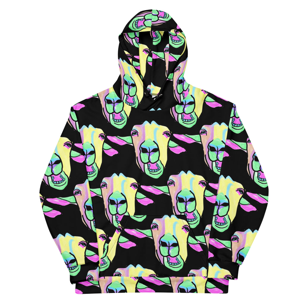 Hoodie met tekening van kauwende geiten door Anne Neuteboom cabaretier in Anne Neut Boetiek